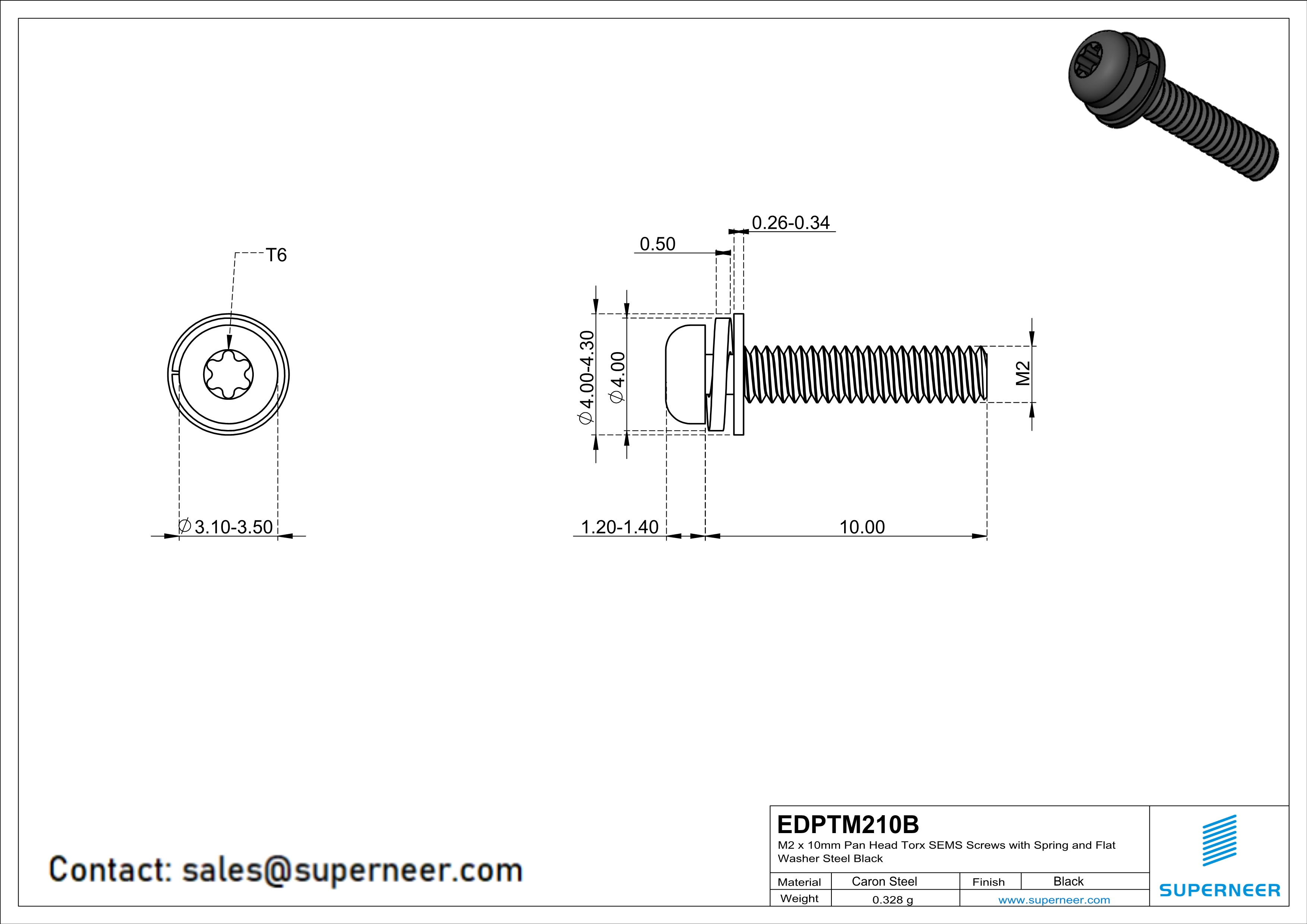 M2 x 10mm Pan Head Torx SEMS Screws with Spring and Flat Washer Steel Black