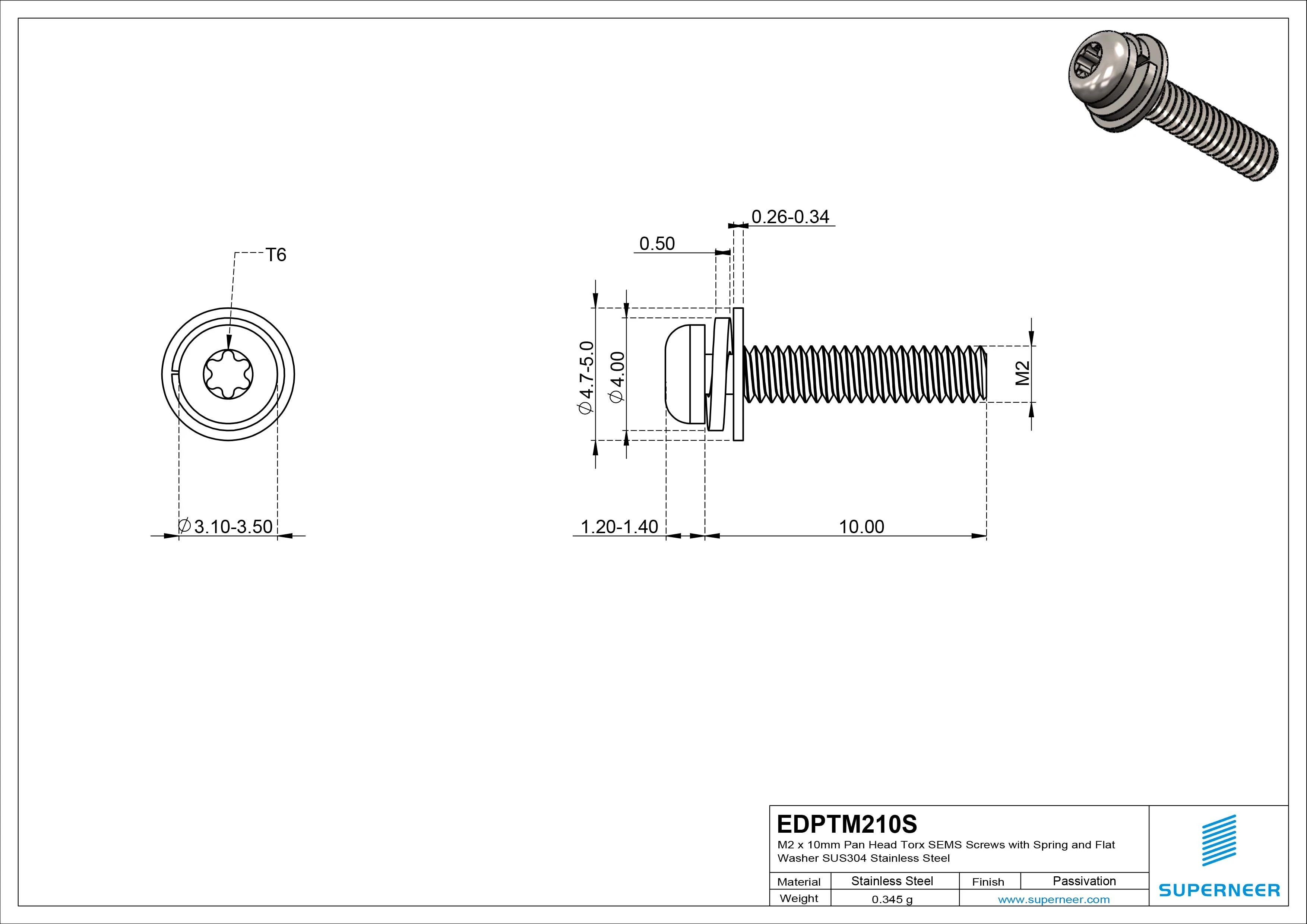 M2 x 10mm Pan Head Torx SEMS Screws with Spring and Flat Washer SUS304 Stainless Steel Inox