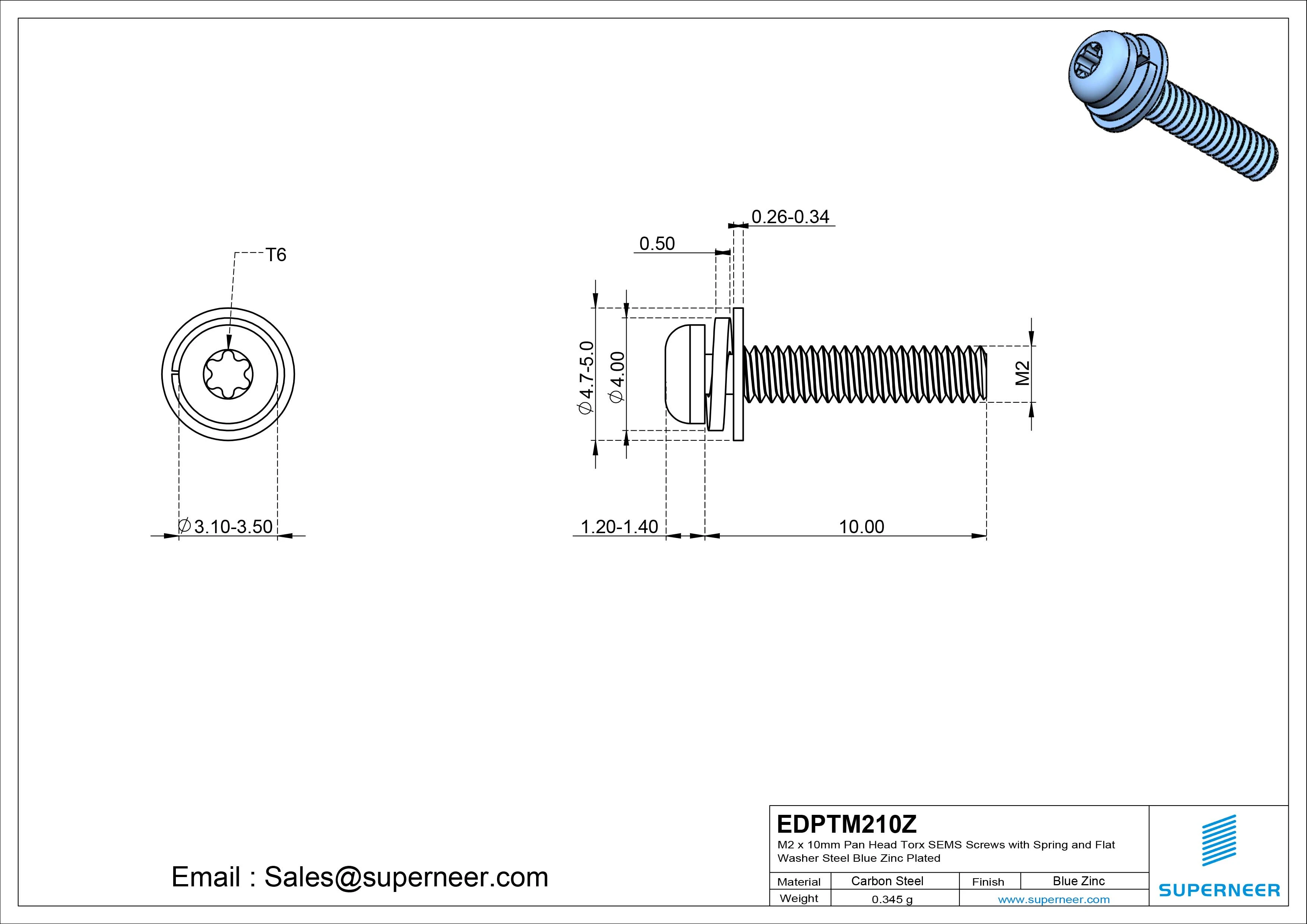 M2 x 10mm Pan Head Torx SEMS Screws with Spring and Flat Washer Steel Blue Zinc Plated