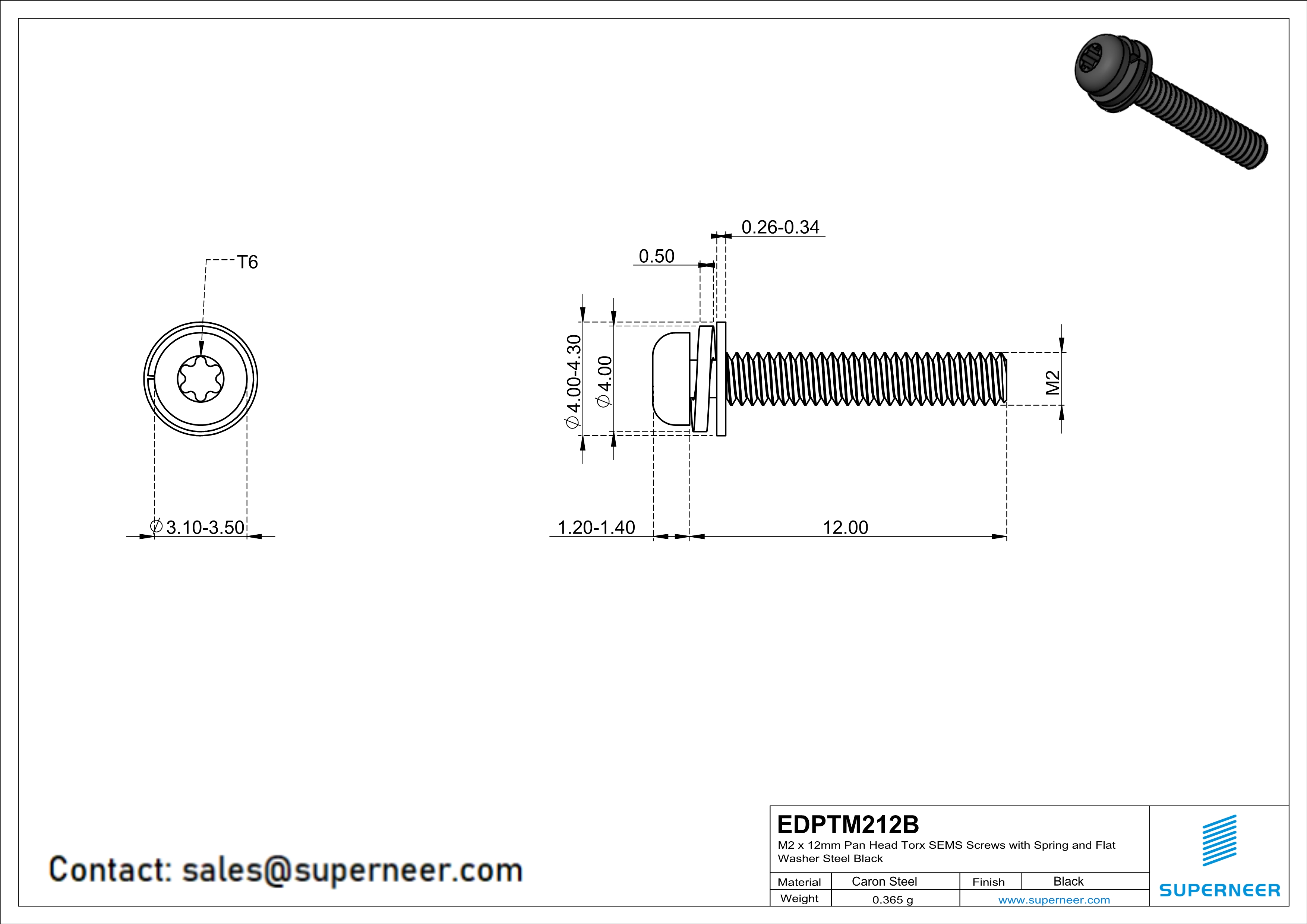 M2 x 12mm Pan Head Torx SEMS Screws with Spring and Flat Washer Steel Black
