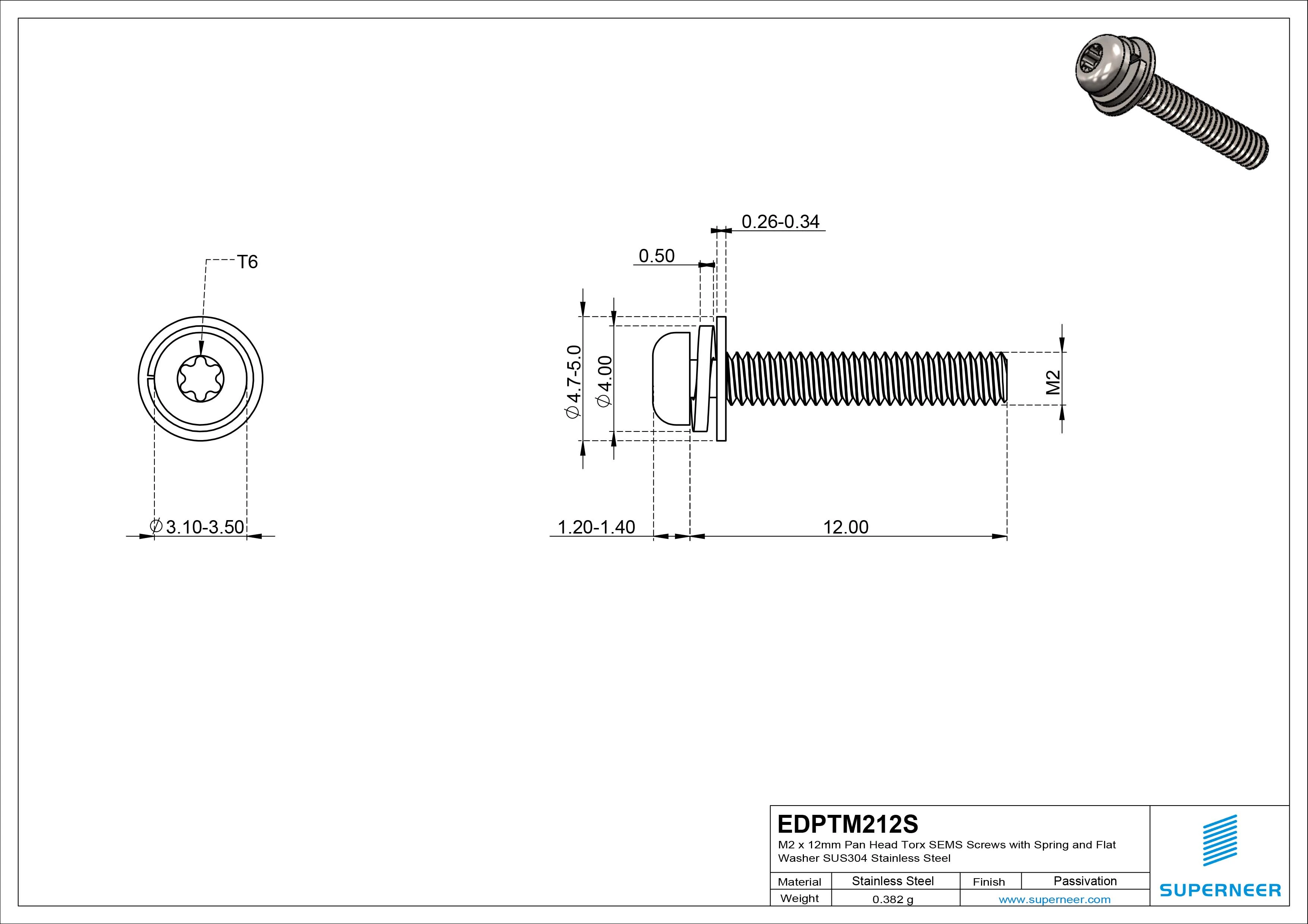 M2 x 12mm Pan Head Torx SEMS Screws with Spring and Flat Washer SUS304 Stainless Steel Inox