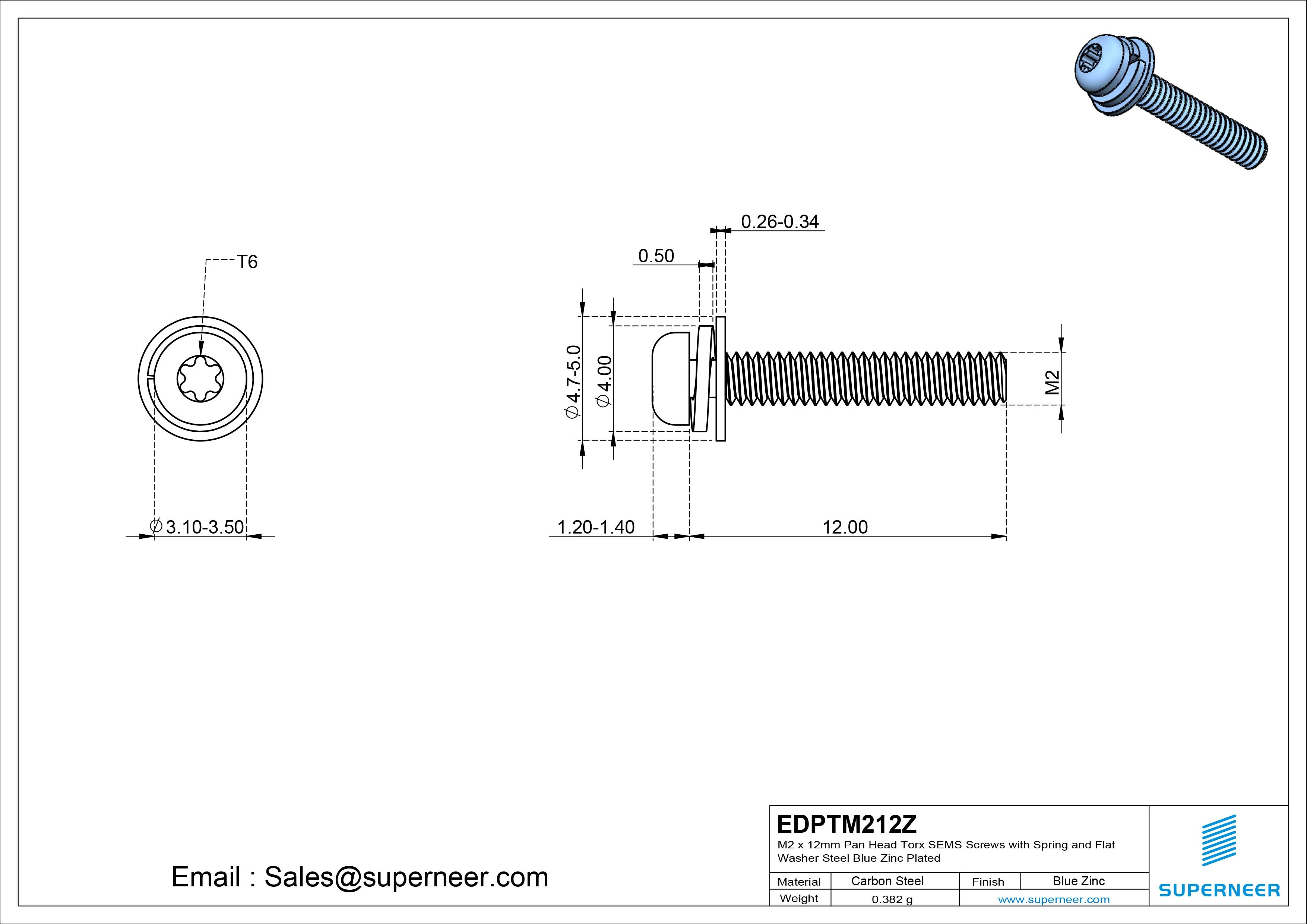 M2 x 12mm Pan Head Torx SEMS Screws with Spring and Flat Washer Steel Blue Zinc Plated