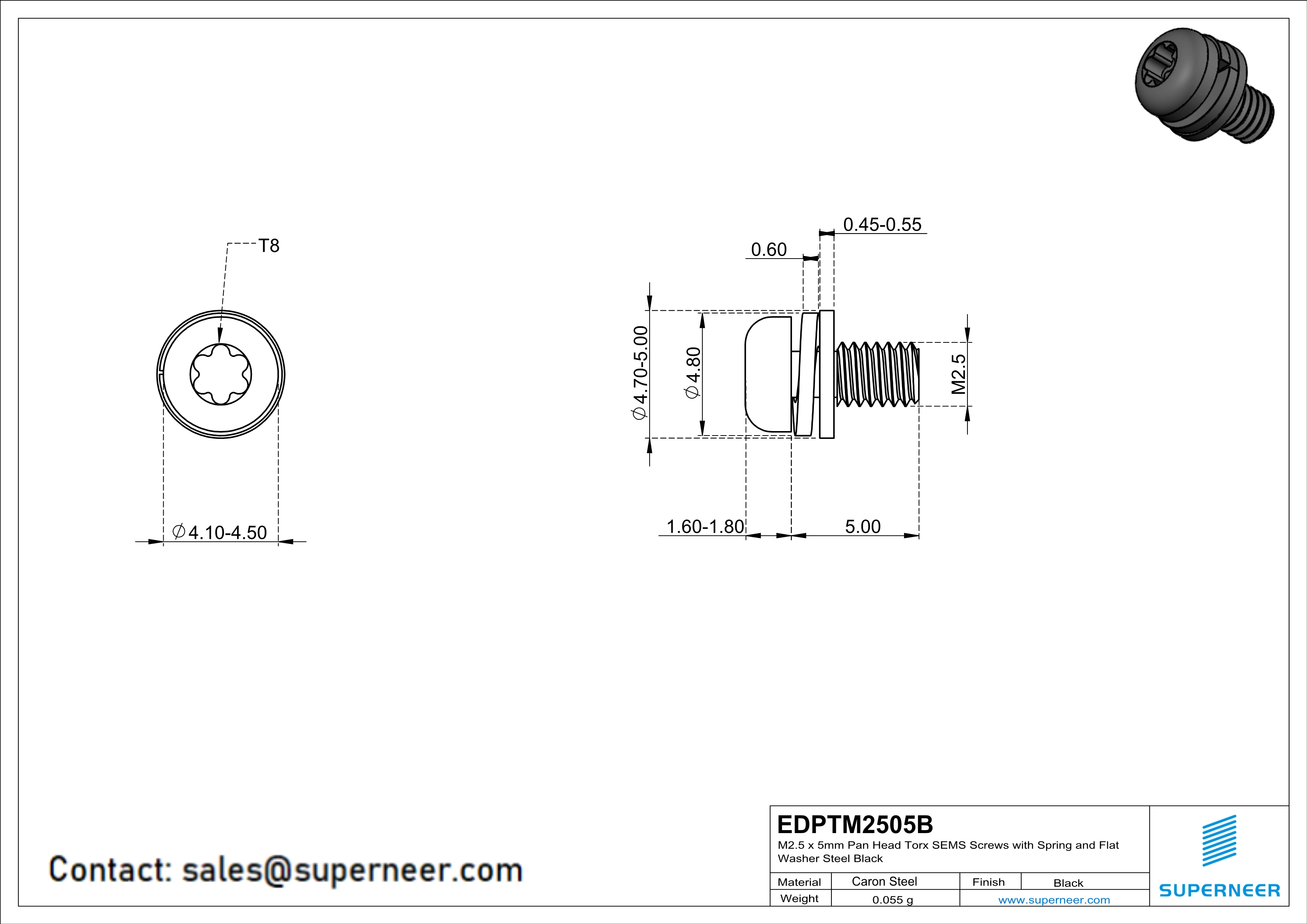M2.5 x 5mm Pan Head Torx SEMS Screws with Spring and Flat Washer Steel Black