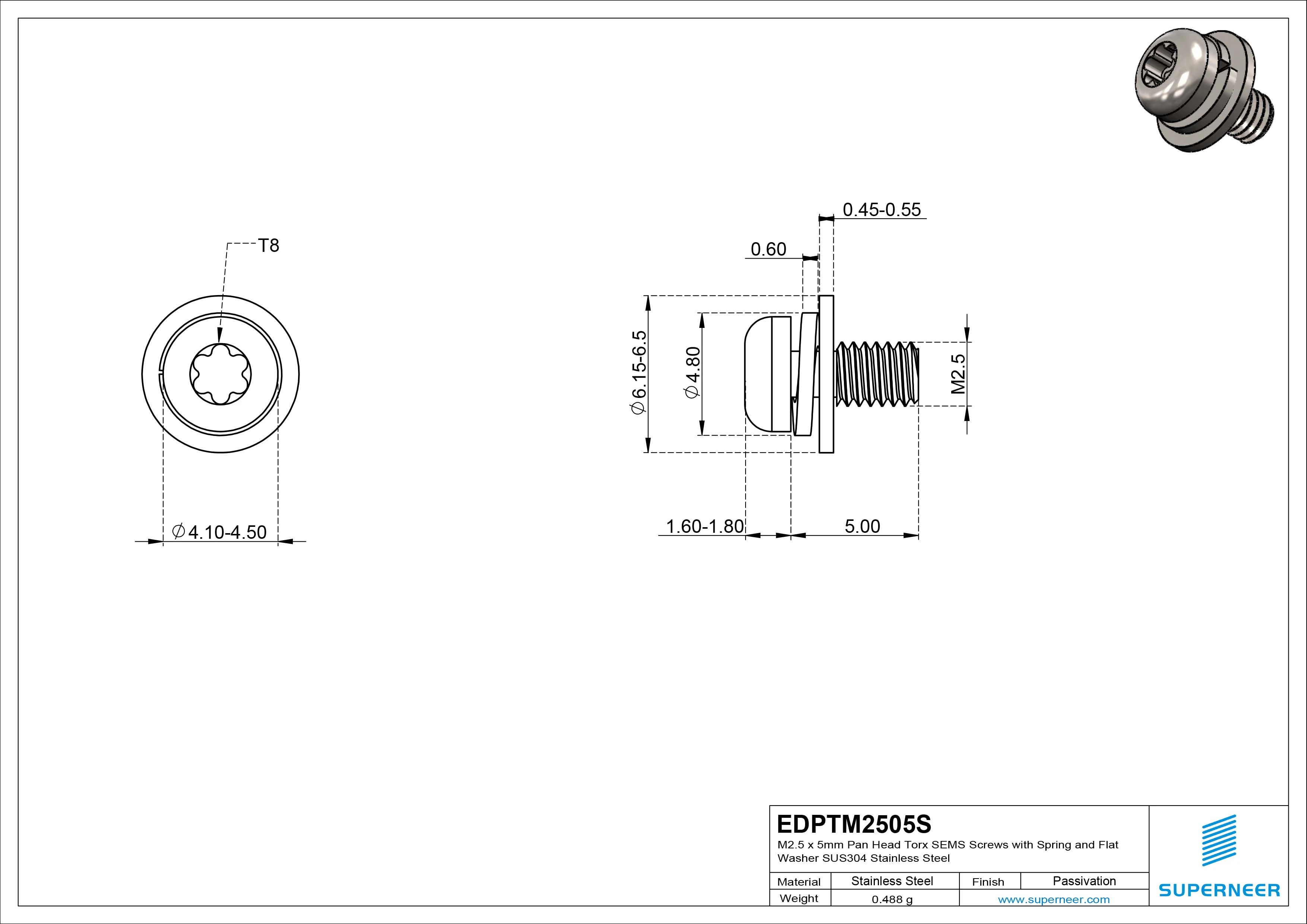 M2.5 x 5mm Pan Head Torx SEMS Screws with Spring and Flat Washer SUS304 Stainless Steel Inox
