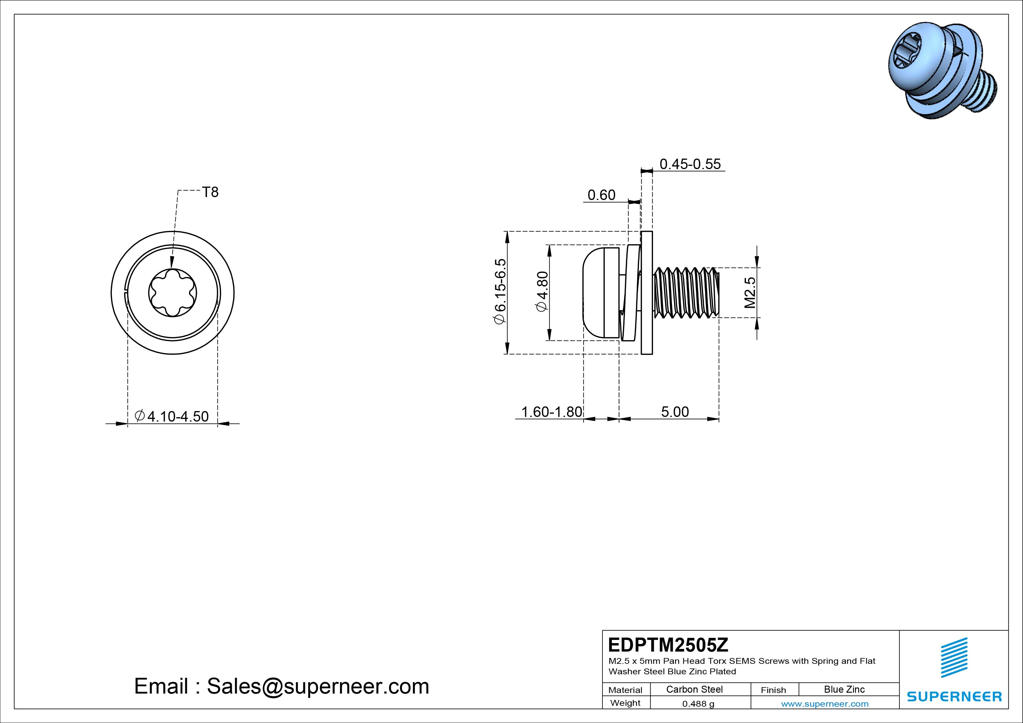 M2.5 x 5mm Pan Head Torx SEMS Screws with Spring and Flat Washer Steel Blue Zinc Plated