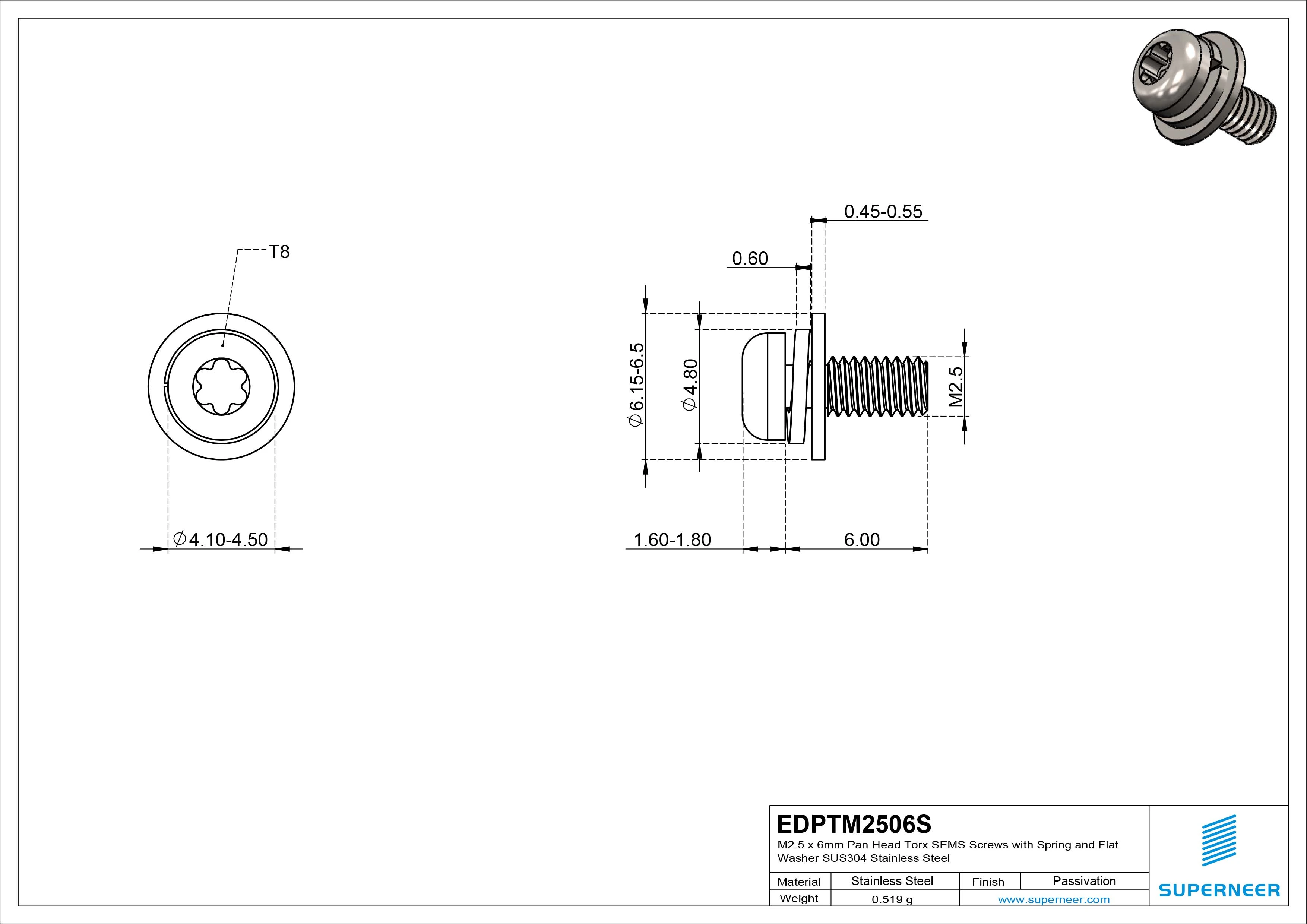 M2.5 x 6mm Pan Head Torx SEMS Screws with Spring and Flat Washer SUS304 Stainless Steel Inox