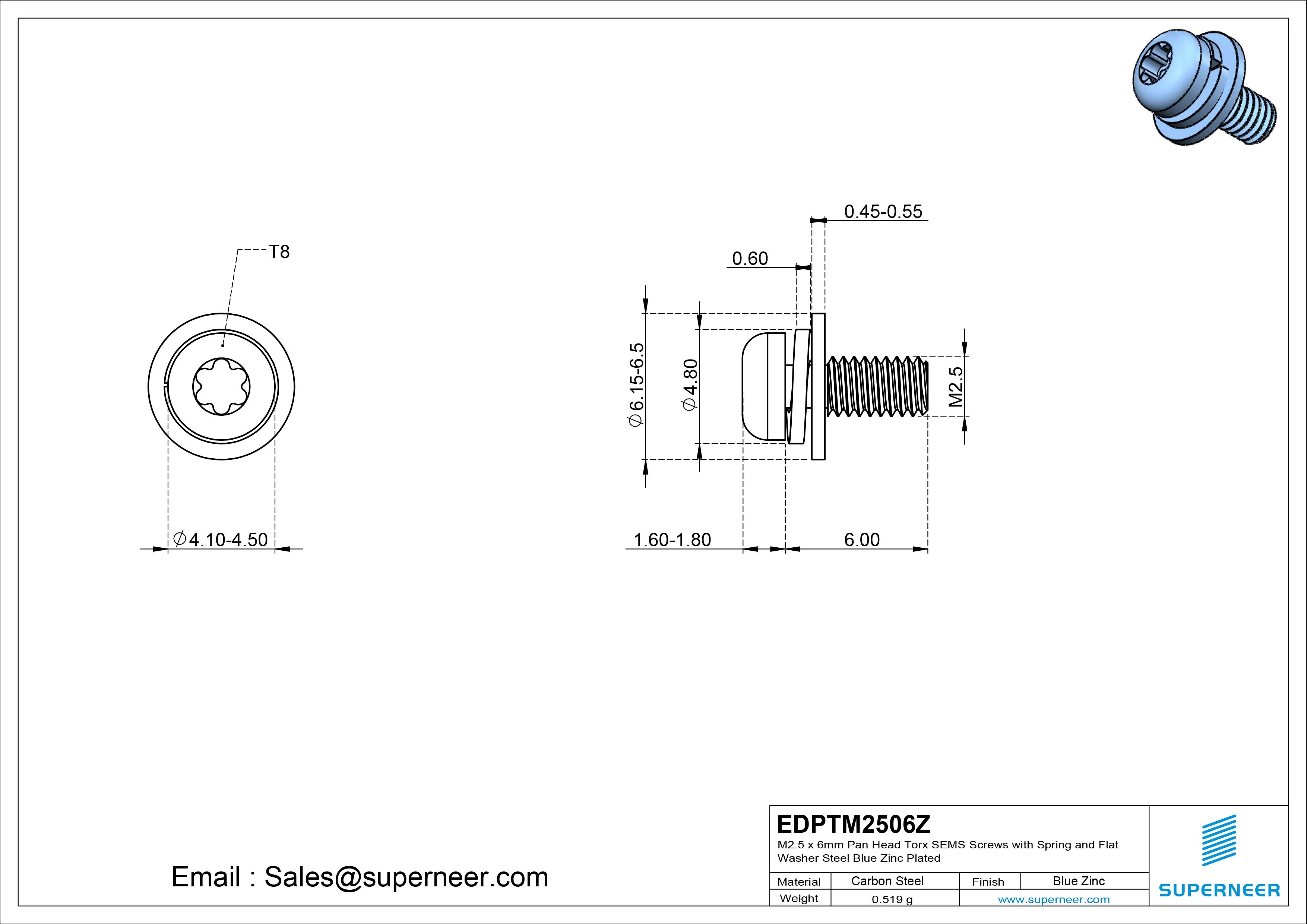M2.5 x 6mm Pan Head Torx SEMS Screws with Spring and Flat Washer Steel Blue Zinc Plated