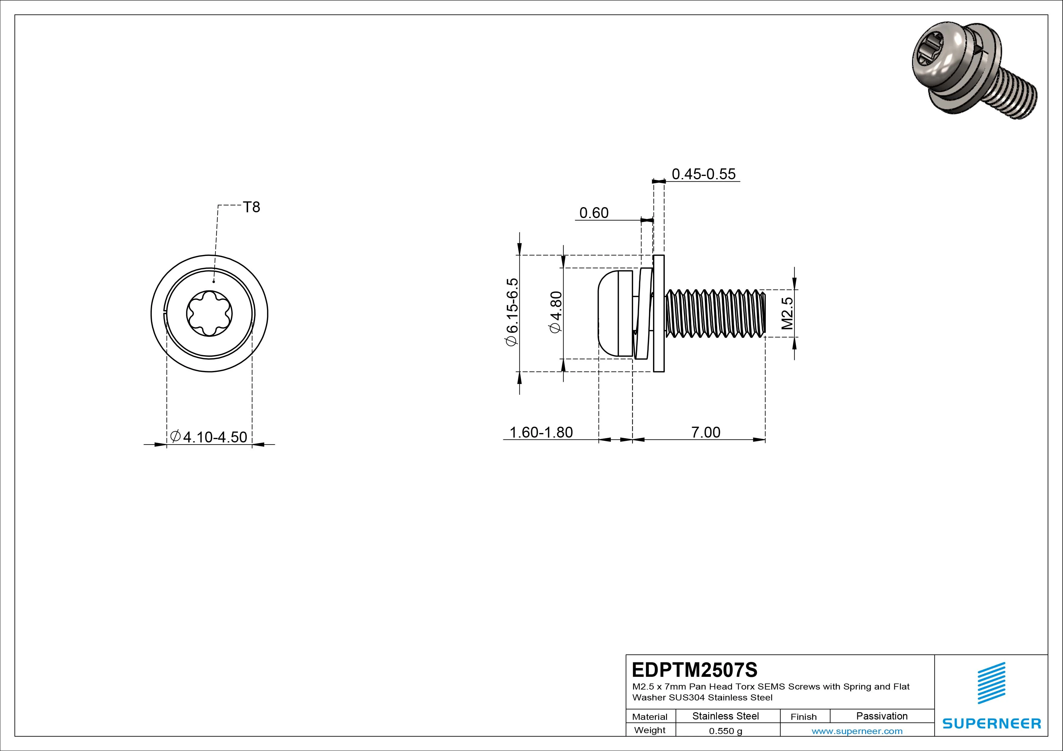 M2.5 x 7mm Pan Head Torx SEMS Screws with Spring and Flat Washer SUS304 Stainless Steel Inox