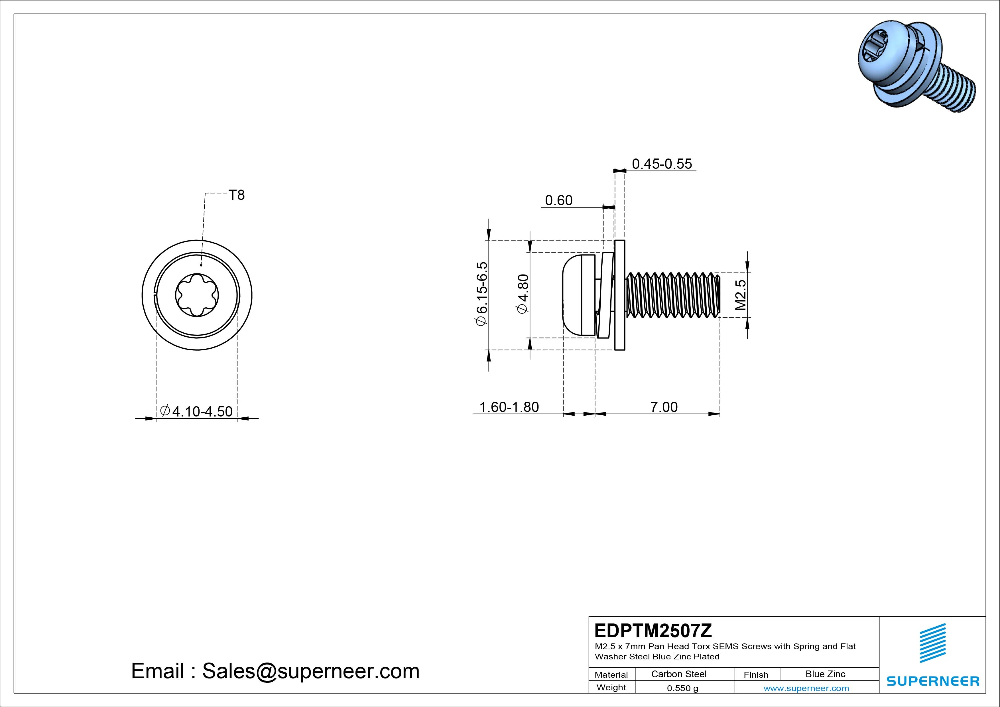 M2.5 x 7mm Pan Head Torx SEMS Screws with Spring and Flat Washer Steel Blue Zinc Plated