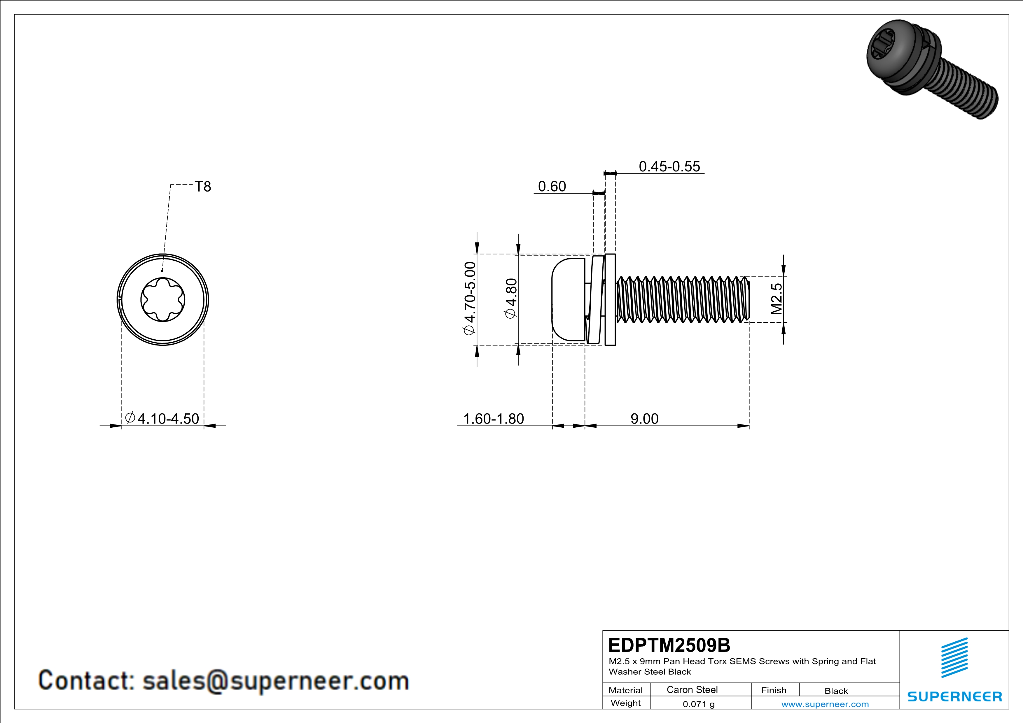 M2.5 x 9mm Pan Head Torx SEMS Screws with Spring and Flat Washer Steel Black