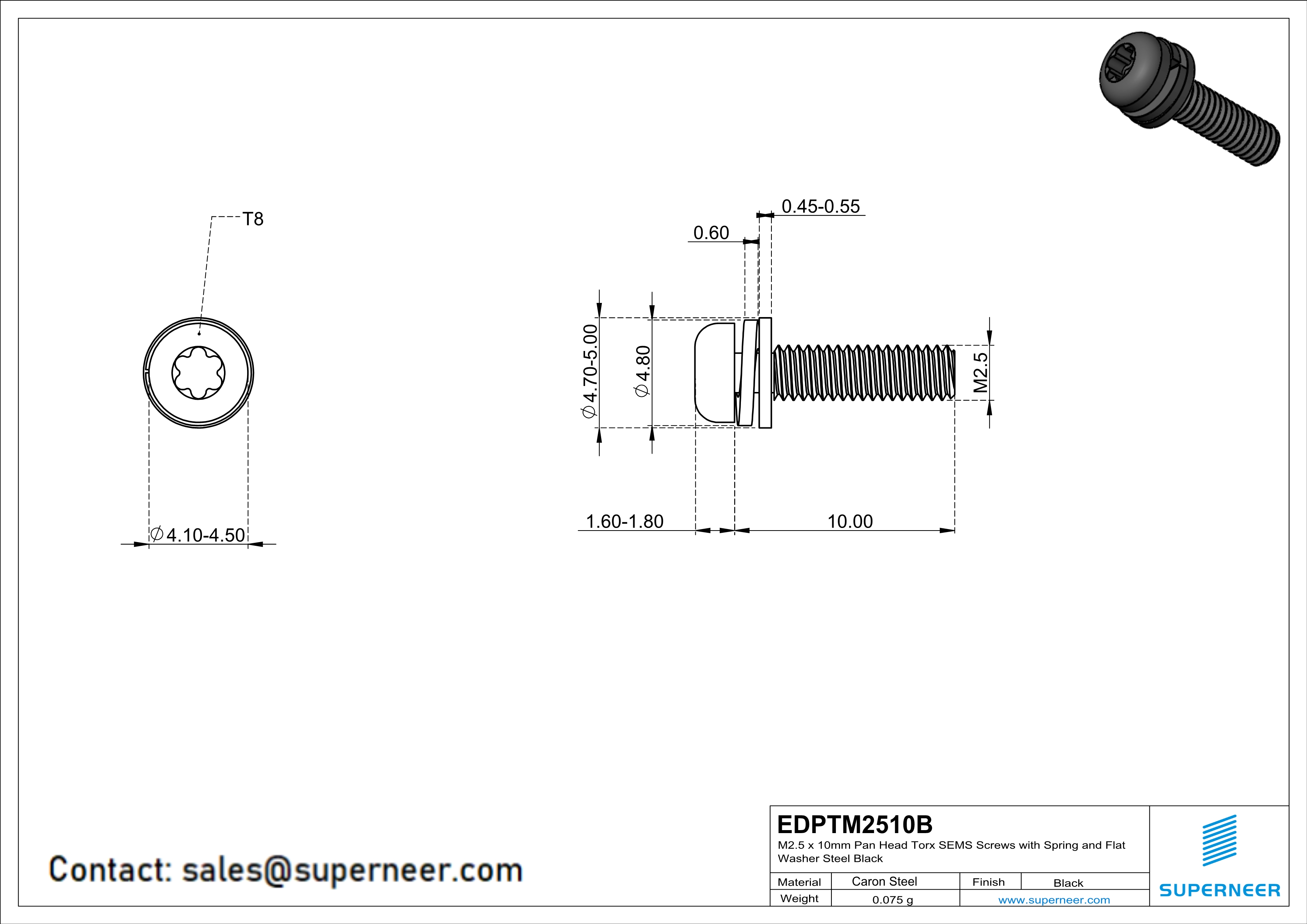 M2.5 x 10mm Pan Head Torx SEMS Screws with Spring and Flat Washer Steel Black
