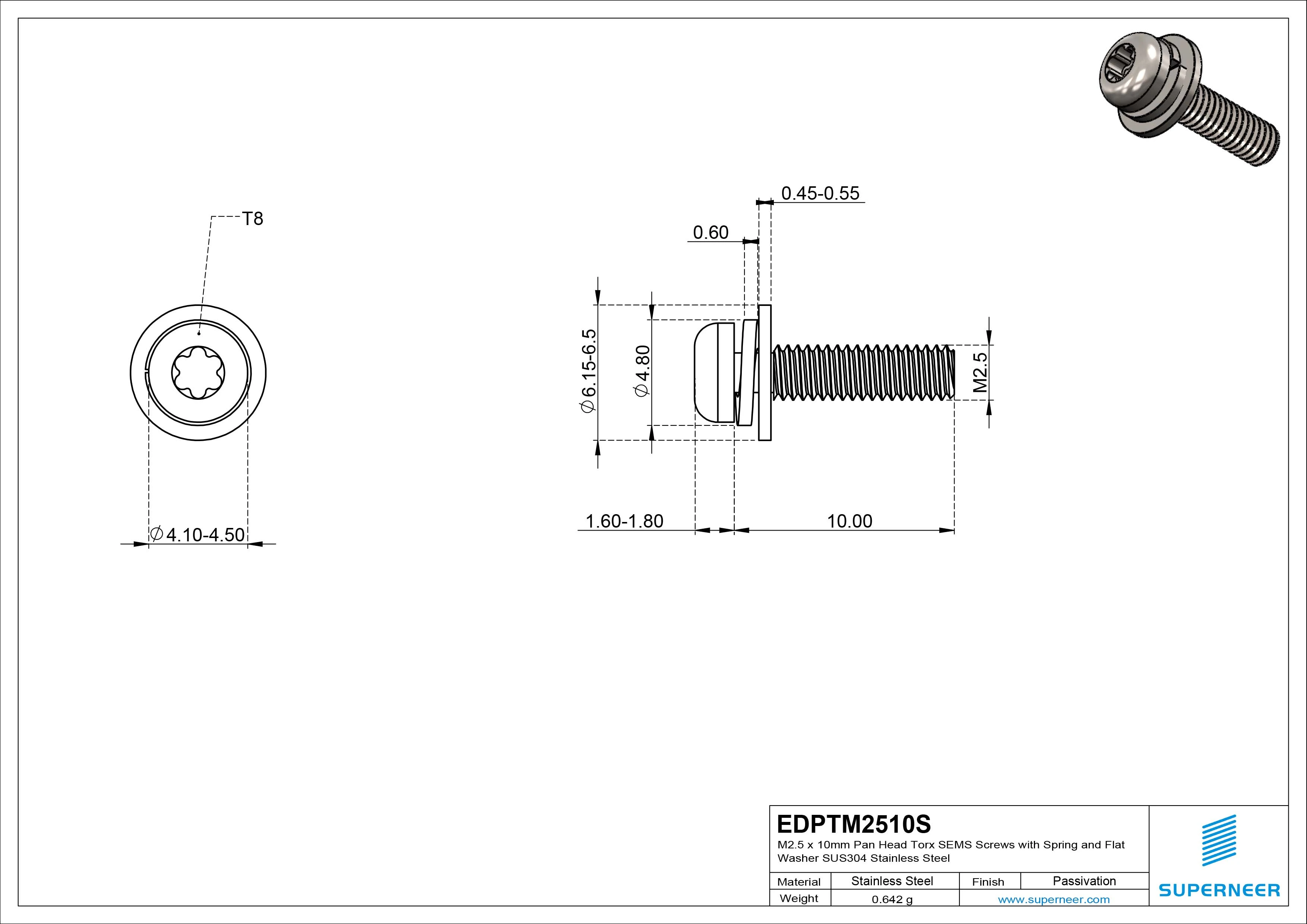 M2.5 x 10mm Pan Head Torx SEMS Screws with Spring and Flat Washer SUS304 Stainless Steel Inox