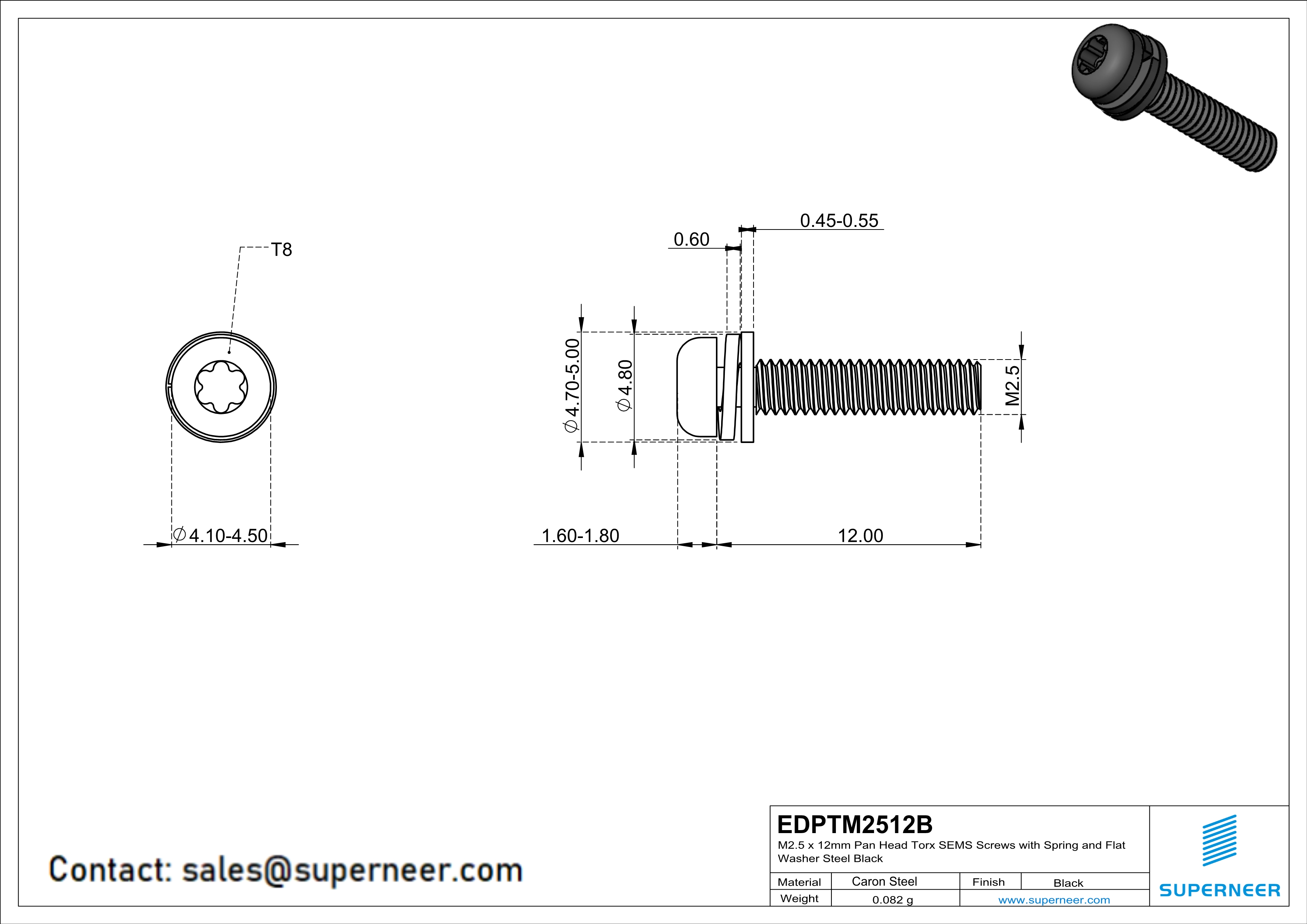 M2.5 x 12mm Pan Head Torx SEMS Screws with Spring and Flat Washer Steel Black