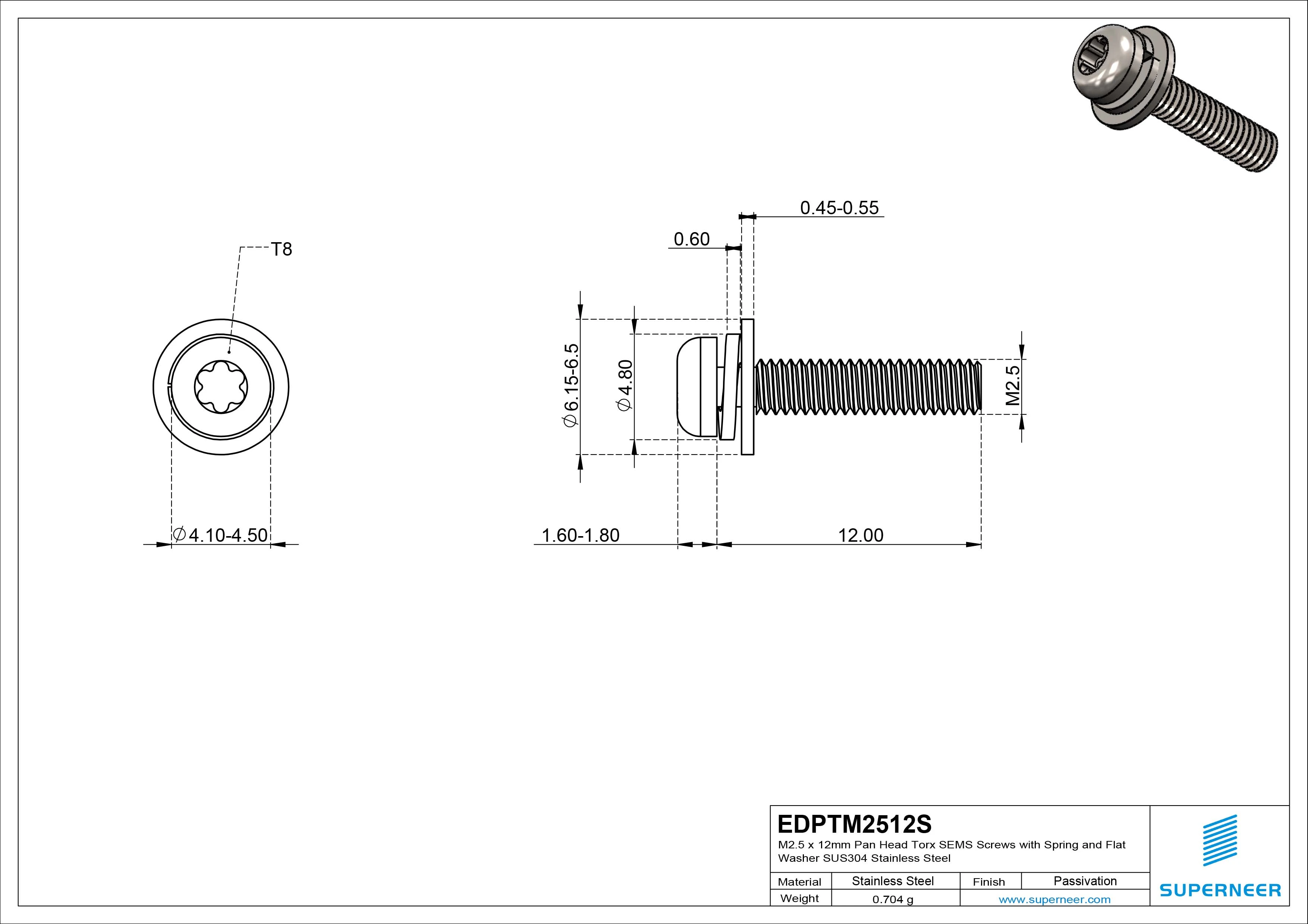 M2.5 x 12mm Pan Head Torx SEMS Screws with Spring and Flat Washer SUS304 Stainless Steel Inox