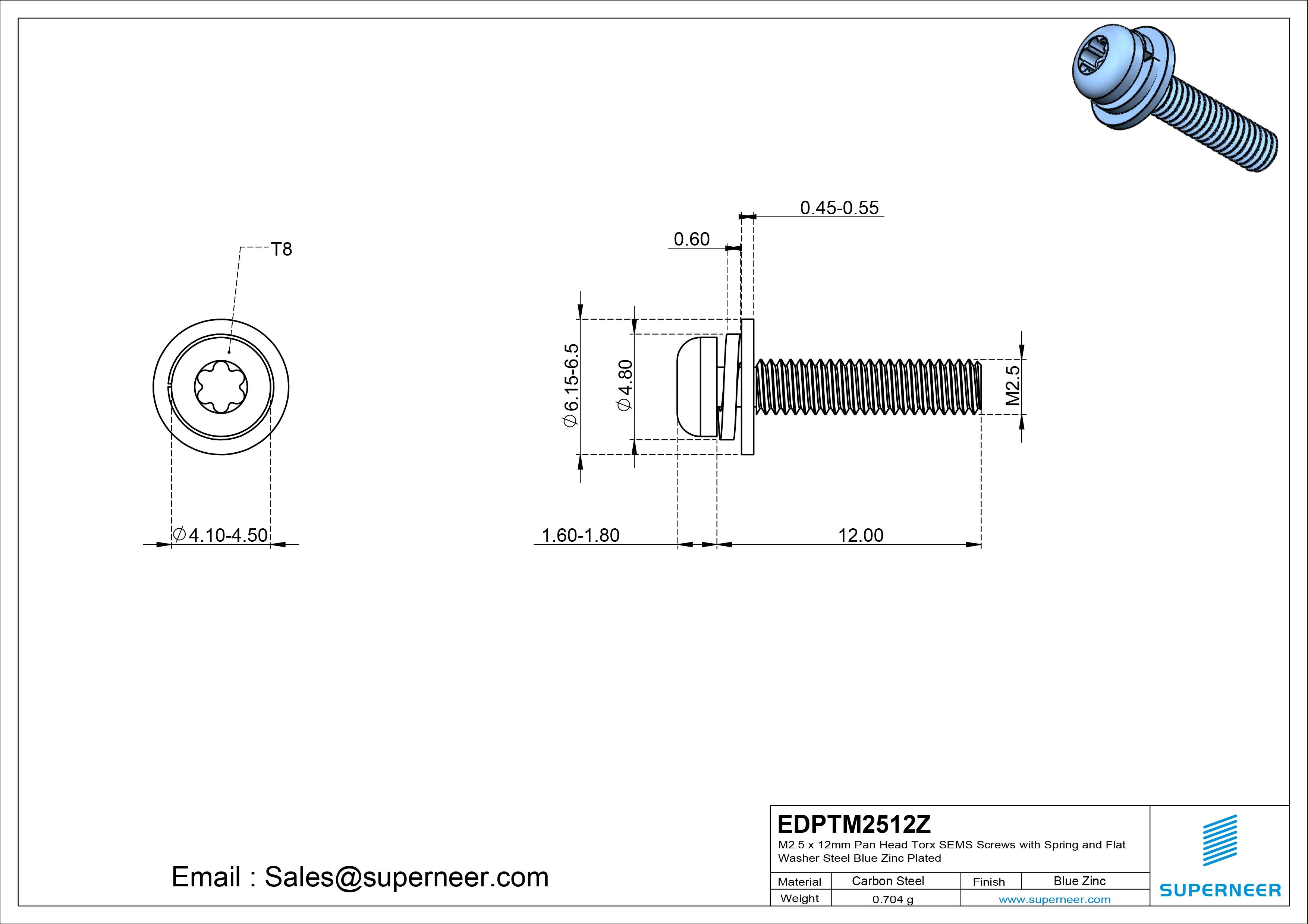M2.5 x 12mm Pan Head Torx SEMS Screws with Spring and Flat Washer Steel Blue Zinc Plated