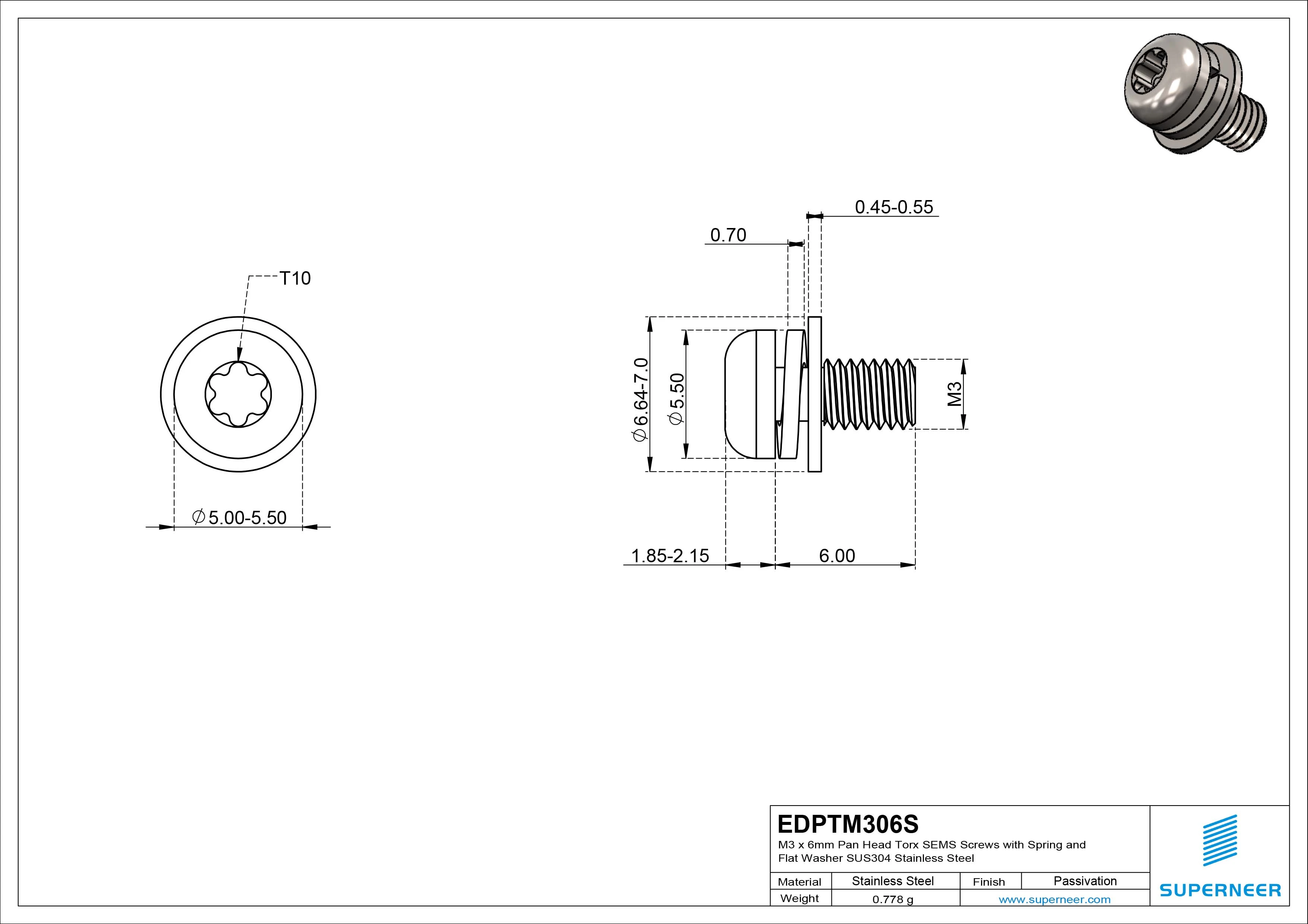 M3 x 6mm Pan Head Torx SEMS Screws with Spring and Flat Washer SUS304 Stainless Steel Inox