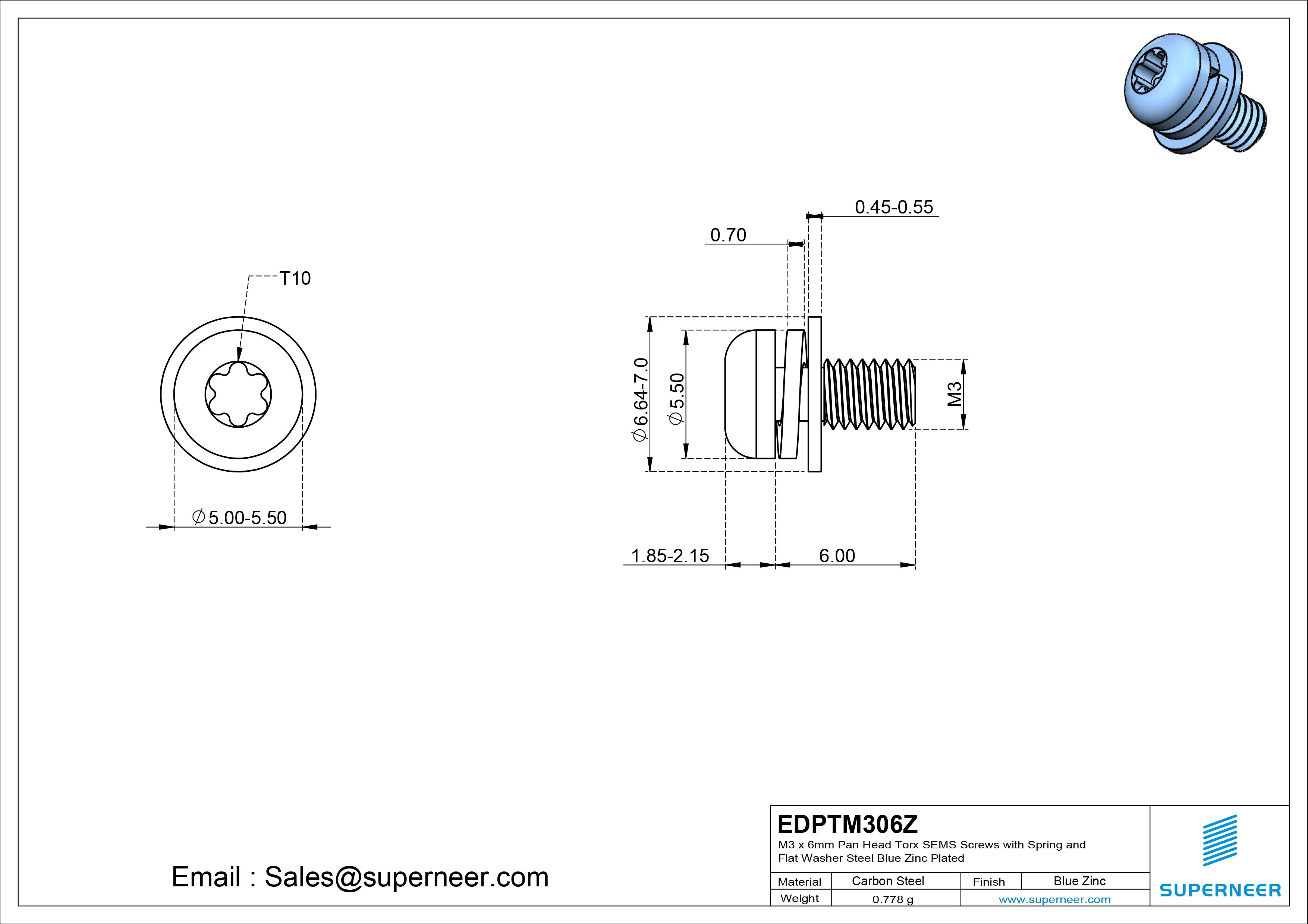 M3 x 6mm Pan Head Torx SEMS Screws with Spring and Flat Washer Steel Blue Zinc Plated