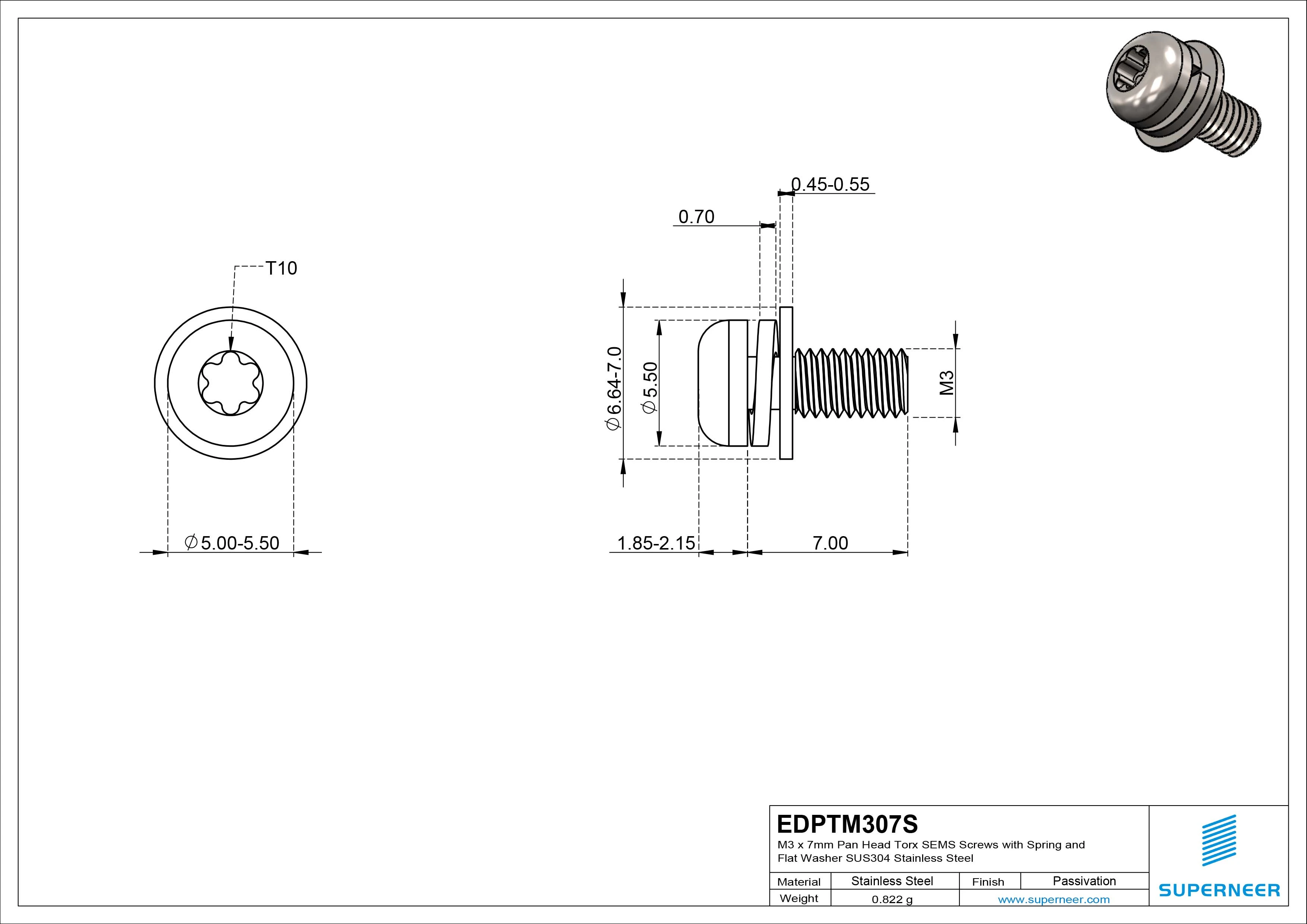 M3 x 7mm Pan Head Torx SEMS Screws with Spring and Flat Washer SUS304 Stainless Steel Inox