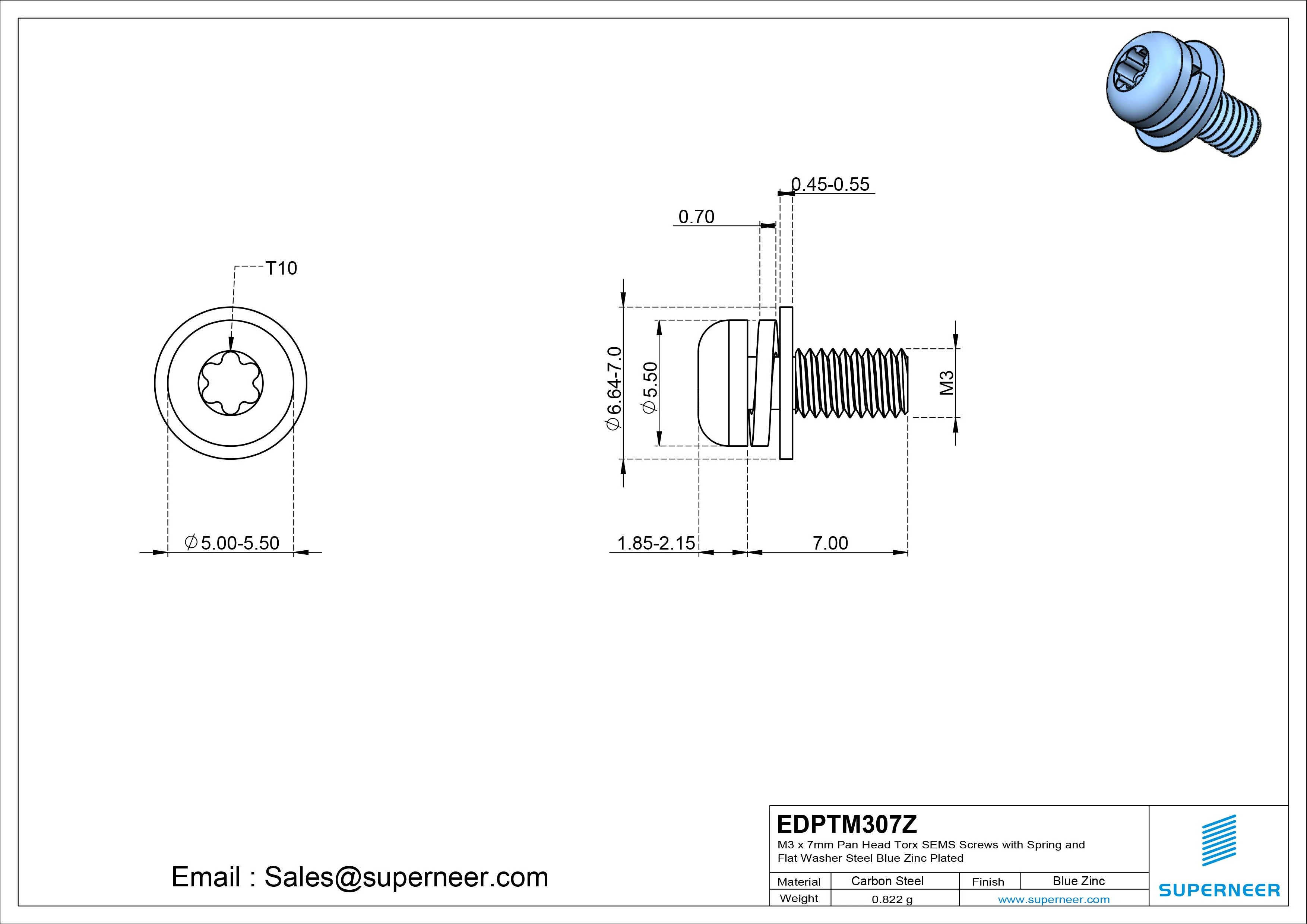 M3 x 7mm Pan Head Torx SEMS Screws with Spring and Flat Washer Steel Blue Zinc Plated
