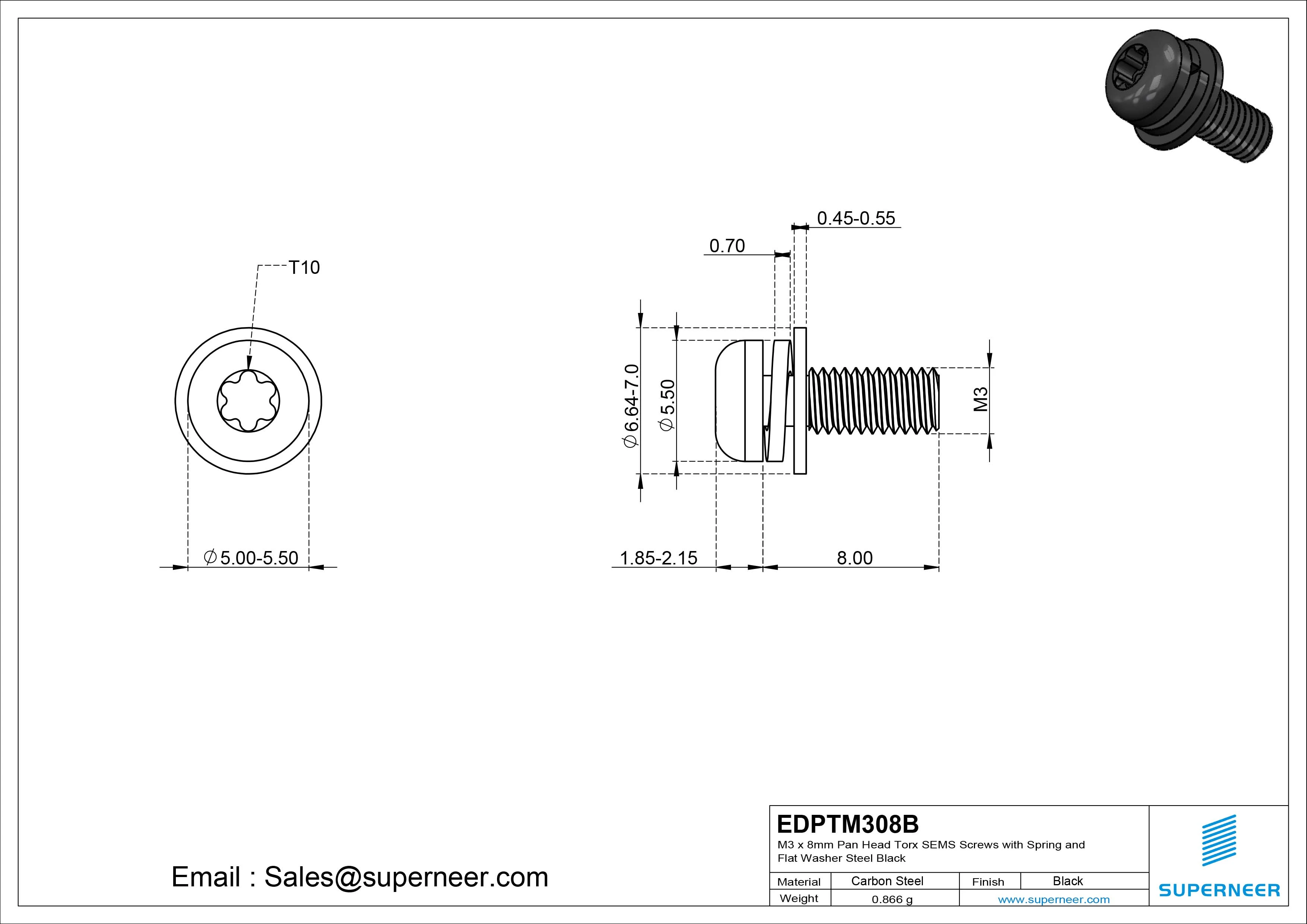 M3 x 8mm Pan Head Torx SEMS Screws with Spring and Flat Washer Steel Black