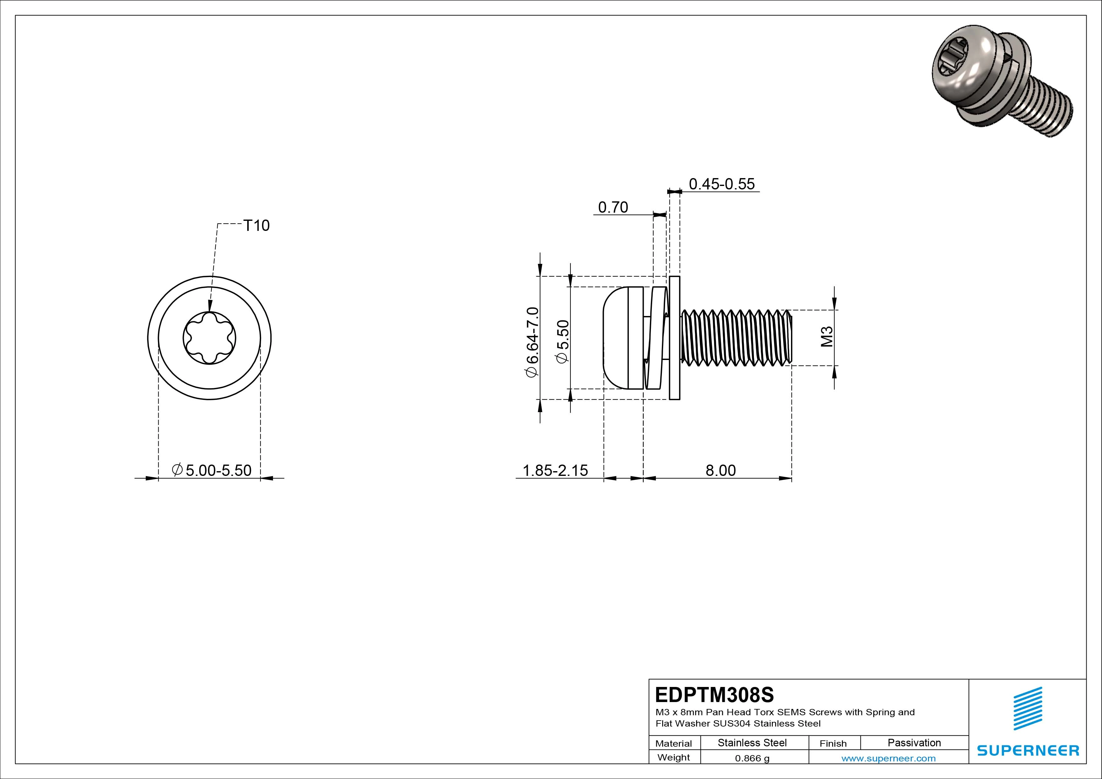 M3 x 8mm Pan Head Torx SEMS Screws with Spring and Flat Washer SUS304 Stainless Steel Inox