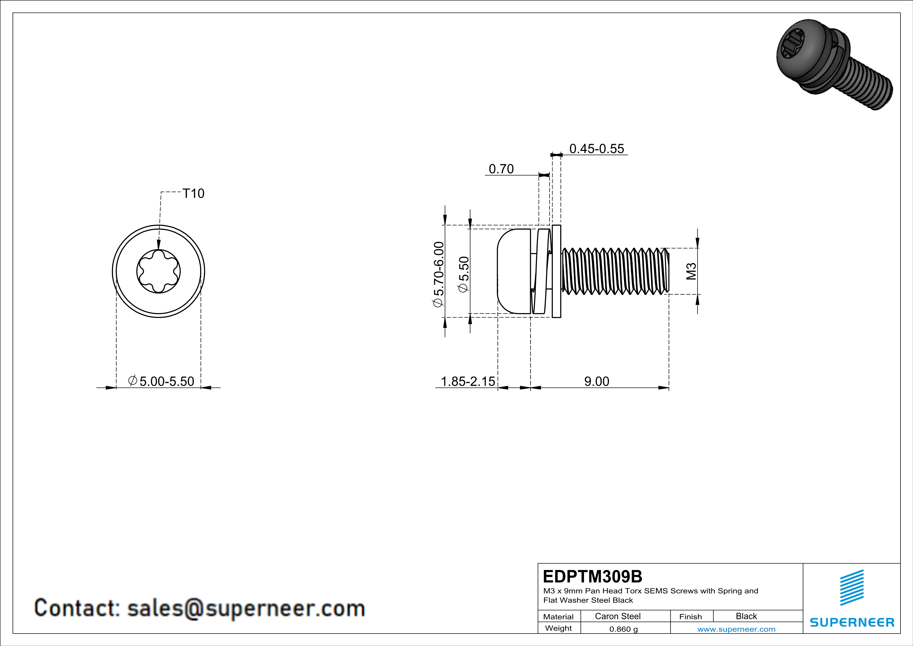 M3 x 9mm Pan Head Torx SEMS Screws with Spring and Flat Washer Steel Black