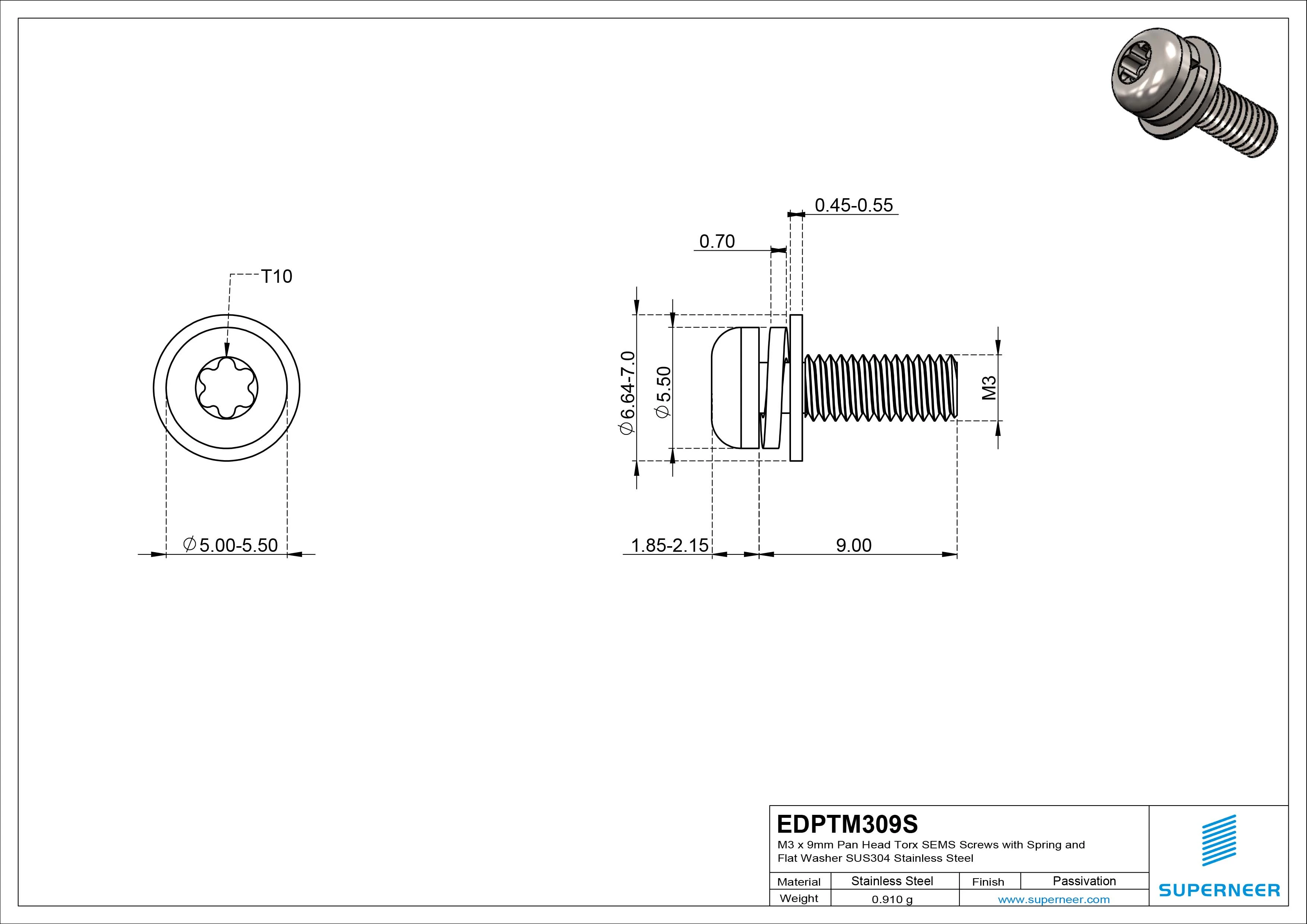 M3 x 9mm Pan Head Torx SEMS Screws with Spring and Flat Washer SUS304 Stainless Steel Inox