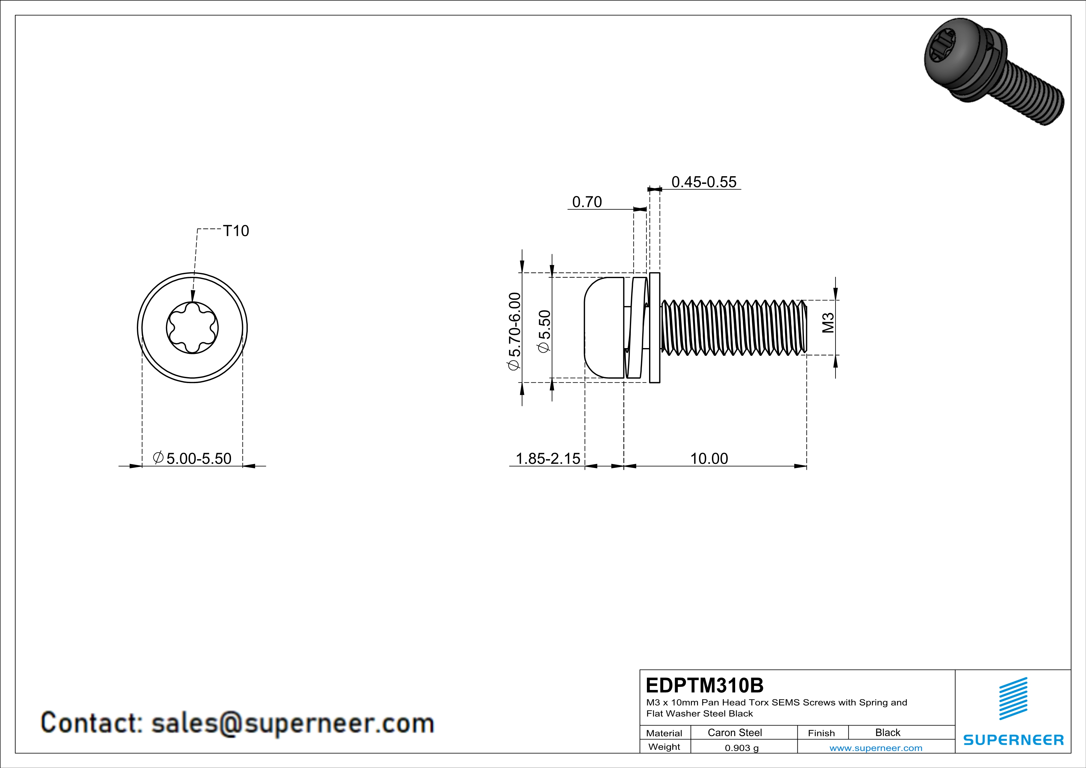 M3 x 10mm Pan Head Torx SEMS Screws with Spring and Flat Washer Steel Black