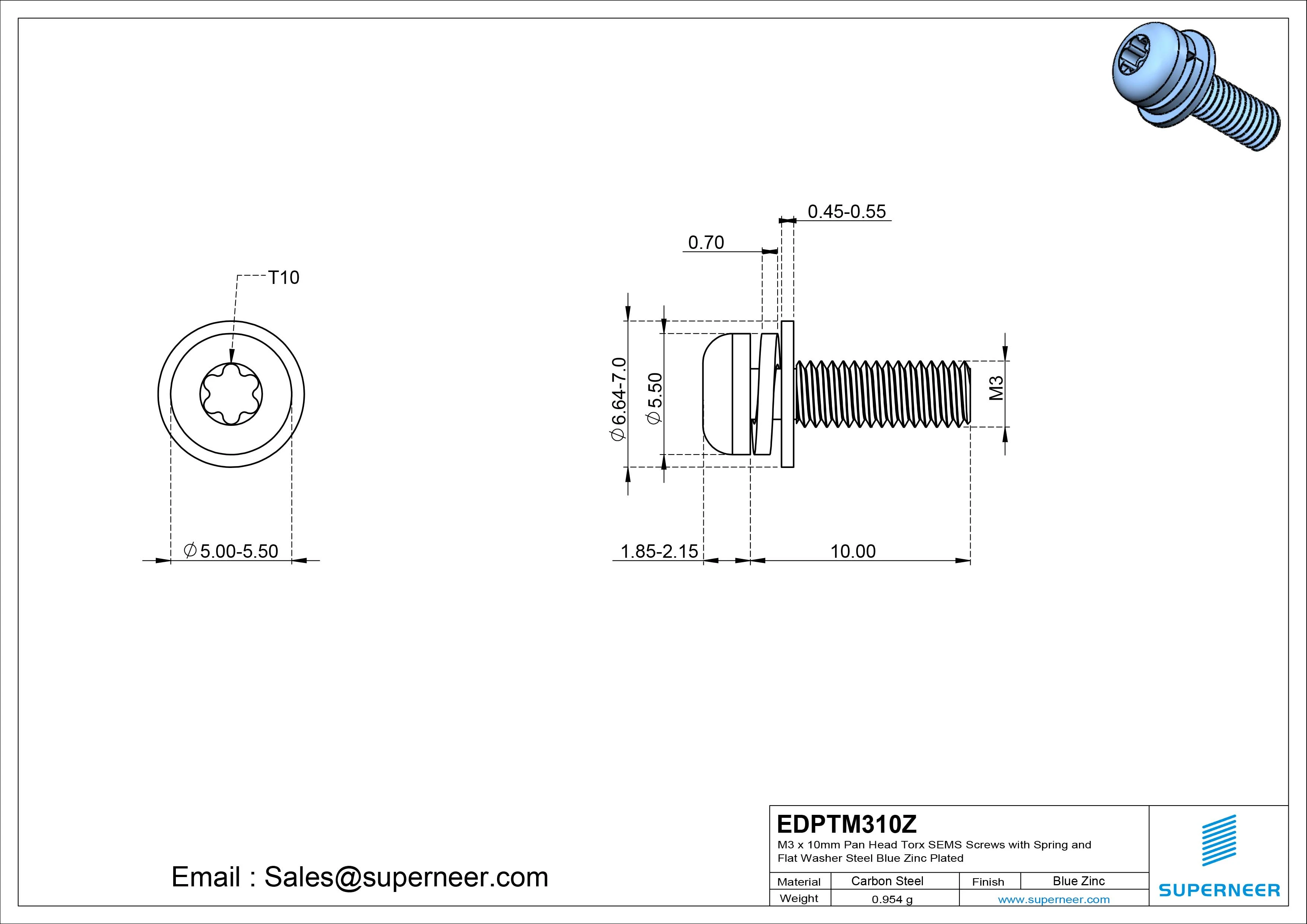 M3 x 10mm Pan Head Torx SEMS Screws with Spring and Flat Washer Steel Blue Zinc Plated