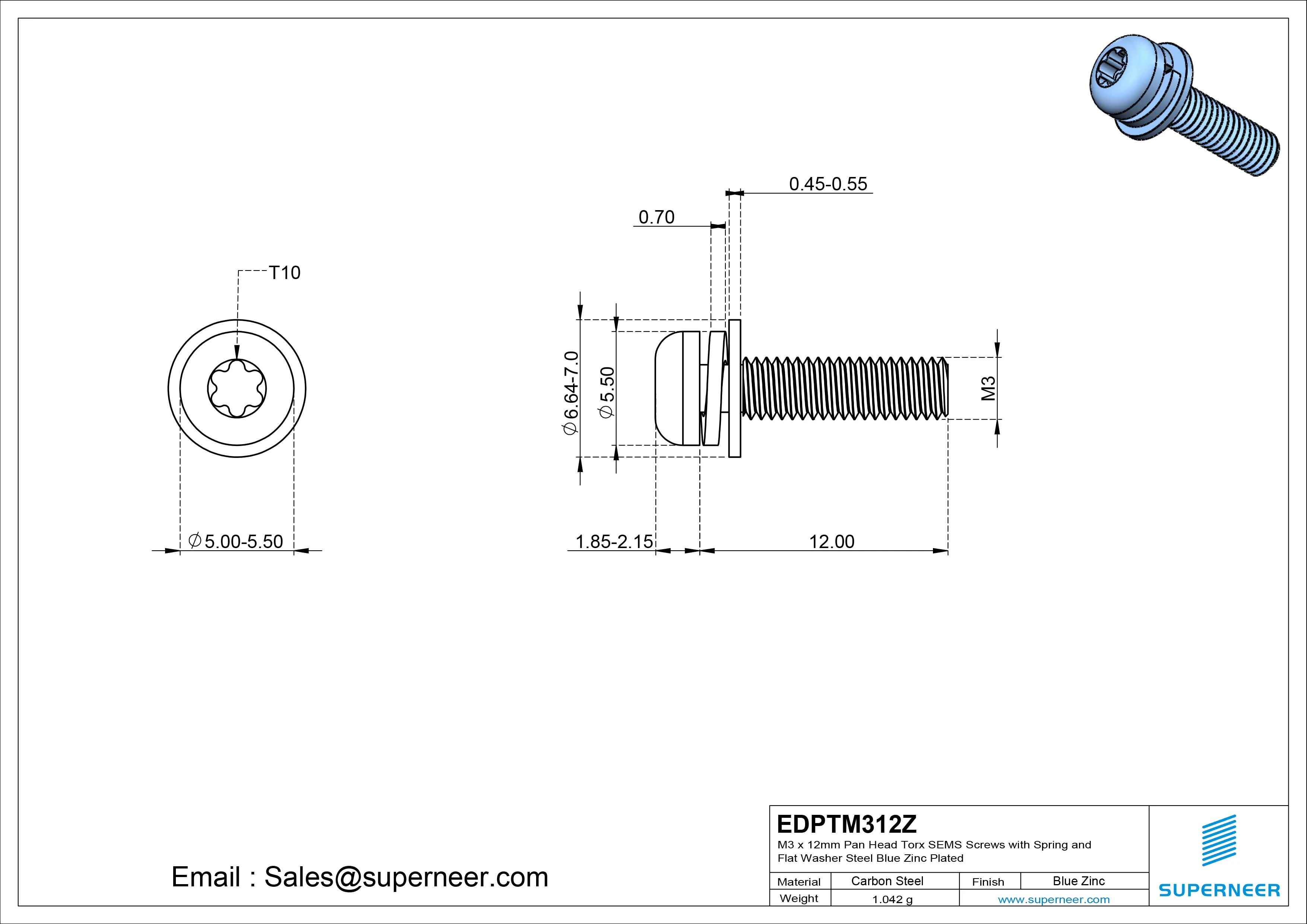 M3 x 12mm Pan Head Torx SEMS Screws with Spring and Flat Washer Steel Blue Zinc Plated
