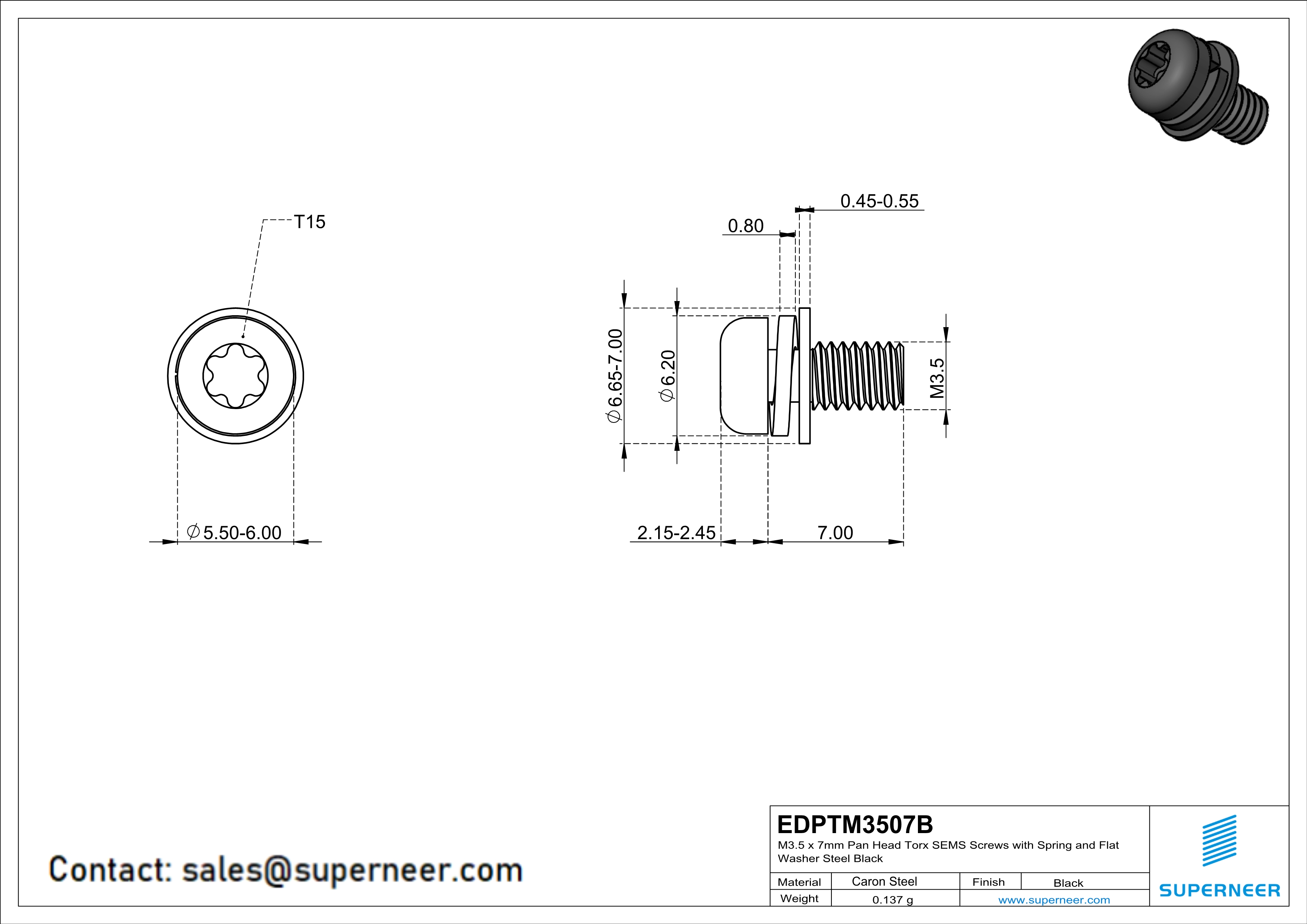 M3.5 x 7mm Pan Head Torx SEMS Screws with Spring and Flat Washer Steel Black