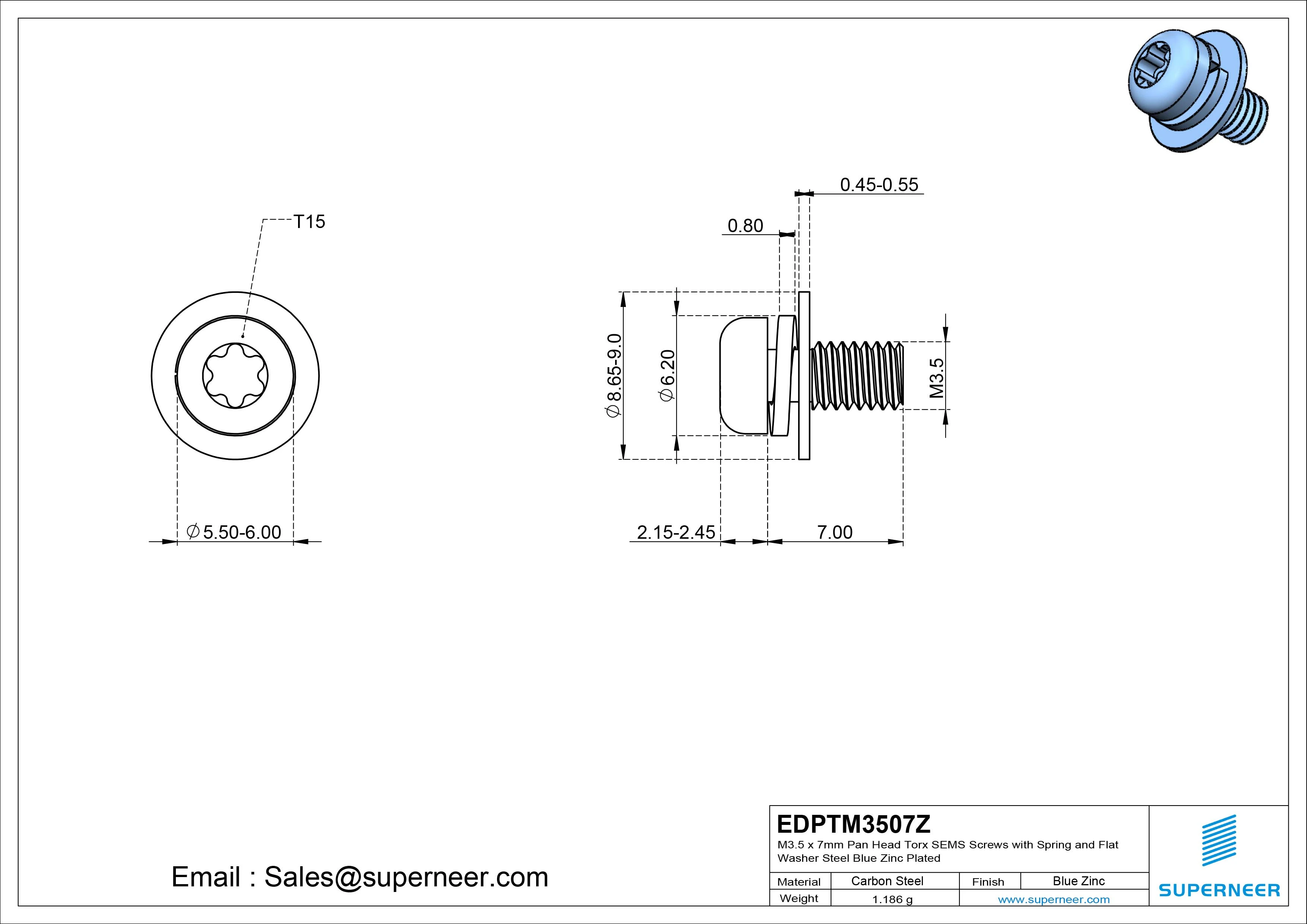 M3.5 x 7mm Pan Head Torx SEMS Screws with Spring and Flat Washer Steel Blue Zinc Plated