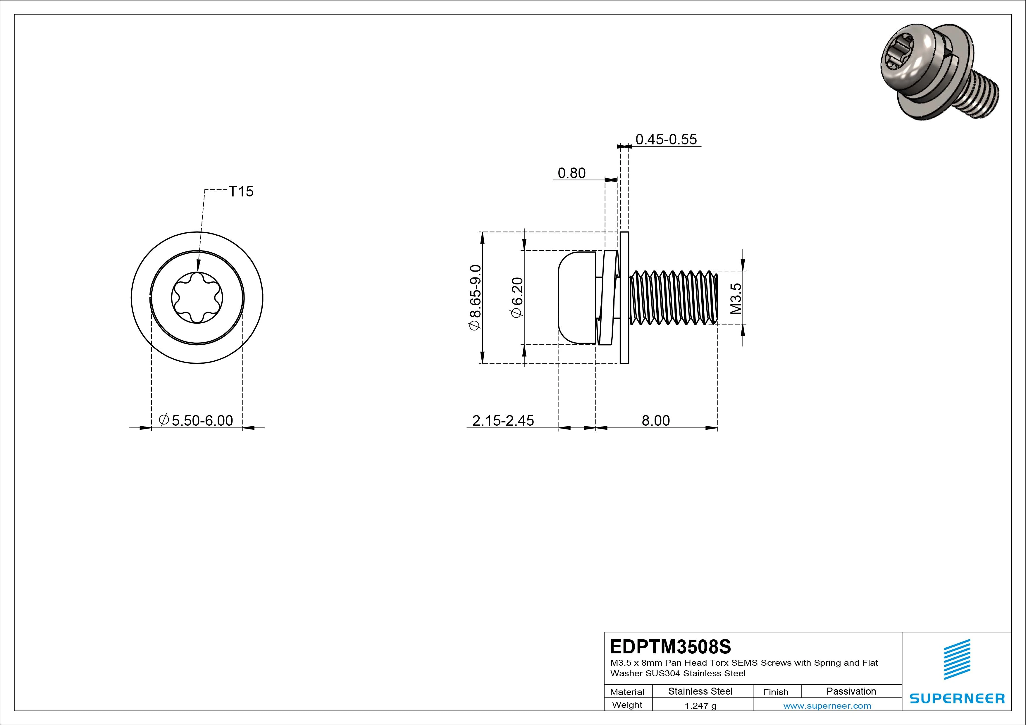 M3.5 x 8mm Pan Head Torx SEMS Screws with Spring and Flat Washer SUS304 Stainless Steel Inox