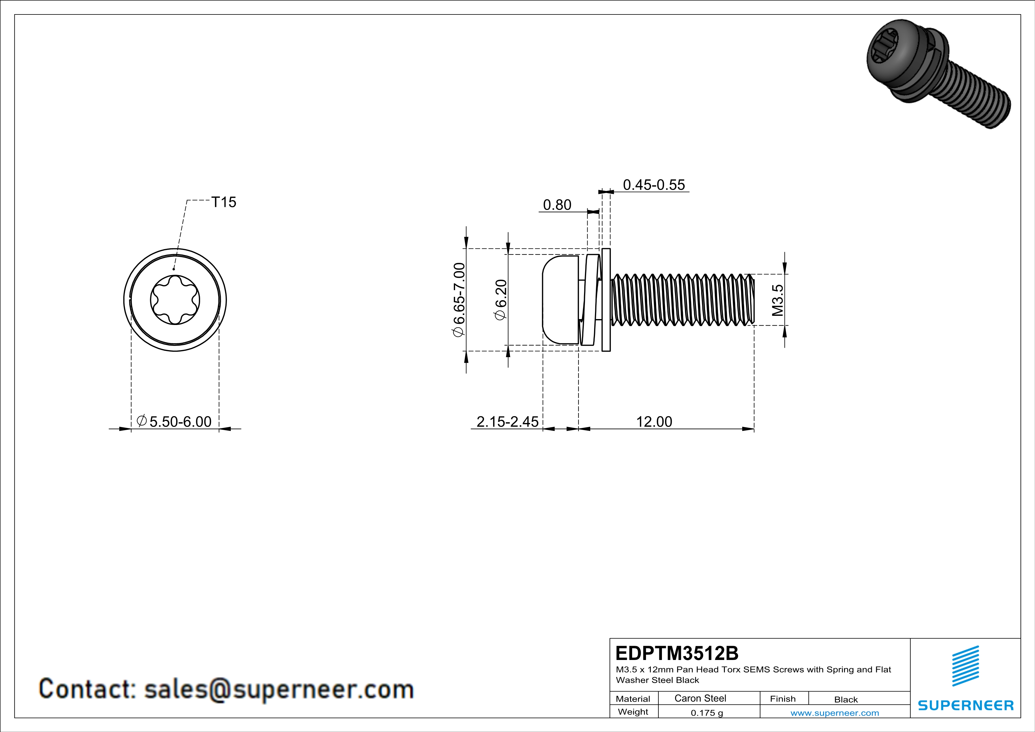 M3.5 x 12mm Pan Head Torx SEMS Screws with Spring and Flat Washer Steel Black