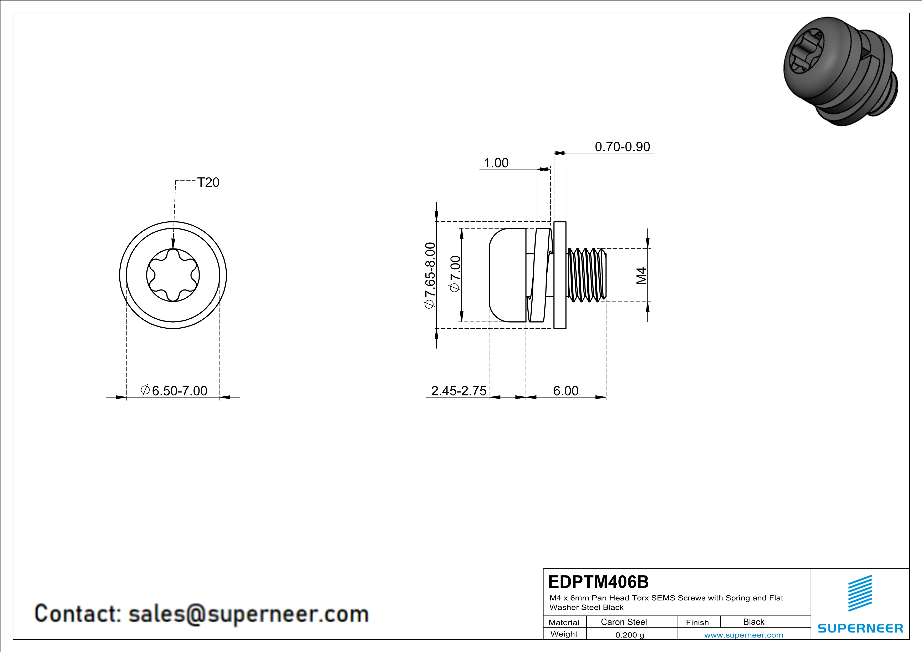 M4 x 6mm Pan Head Torx SEMS Screws with Spring and Flat Washer Steel Black