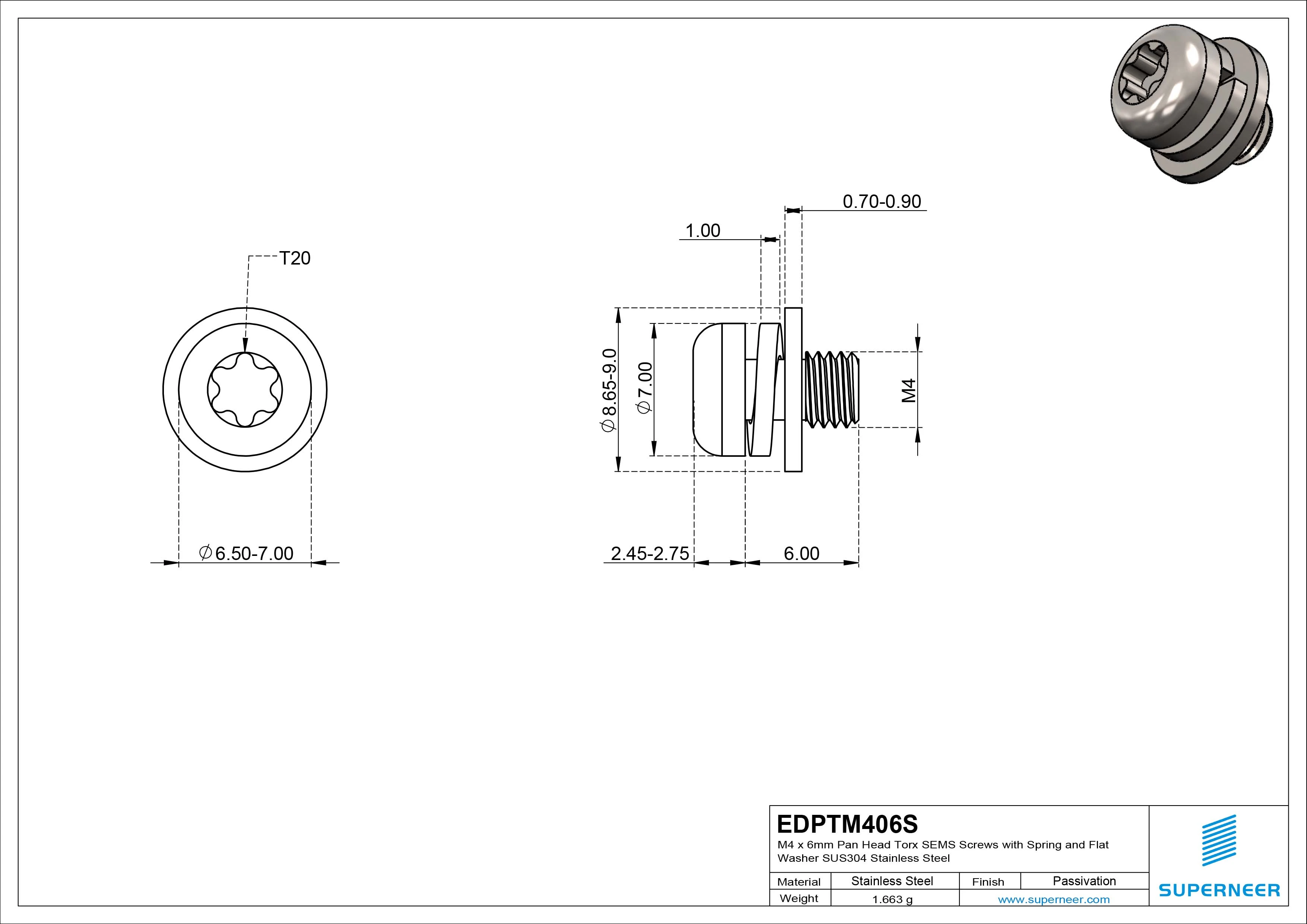 M4 x 6mm Pan Head Torx SEMS Screws with Spring and Flat Washer SUS304 Stainless Steel Inox
