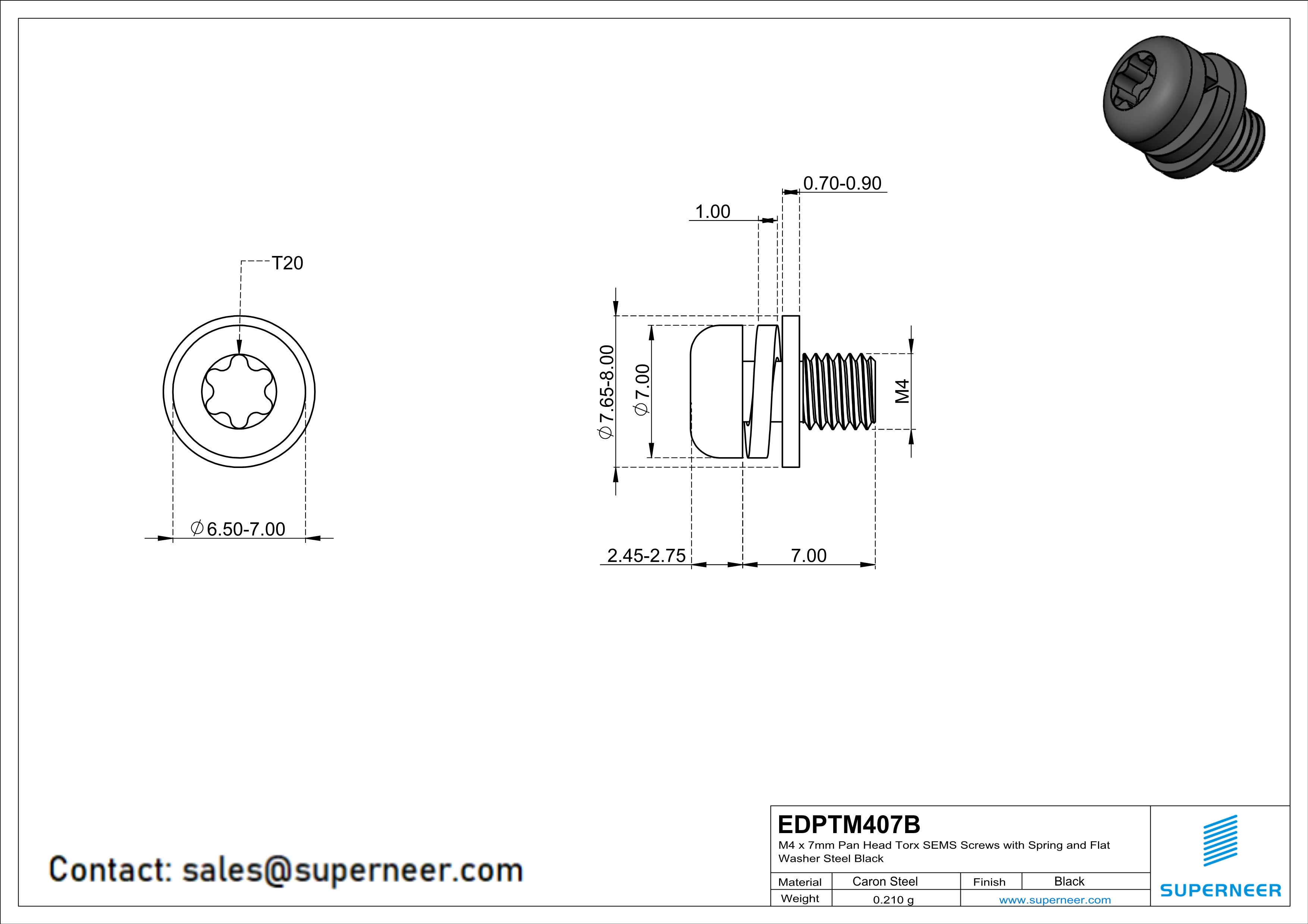 M4 x 7mm Pan Head Torx SEMS Screws with Spring and Flat Washer Steel Black