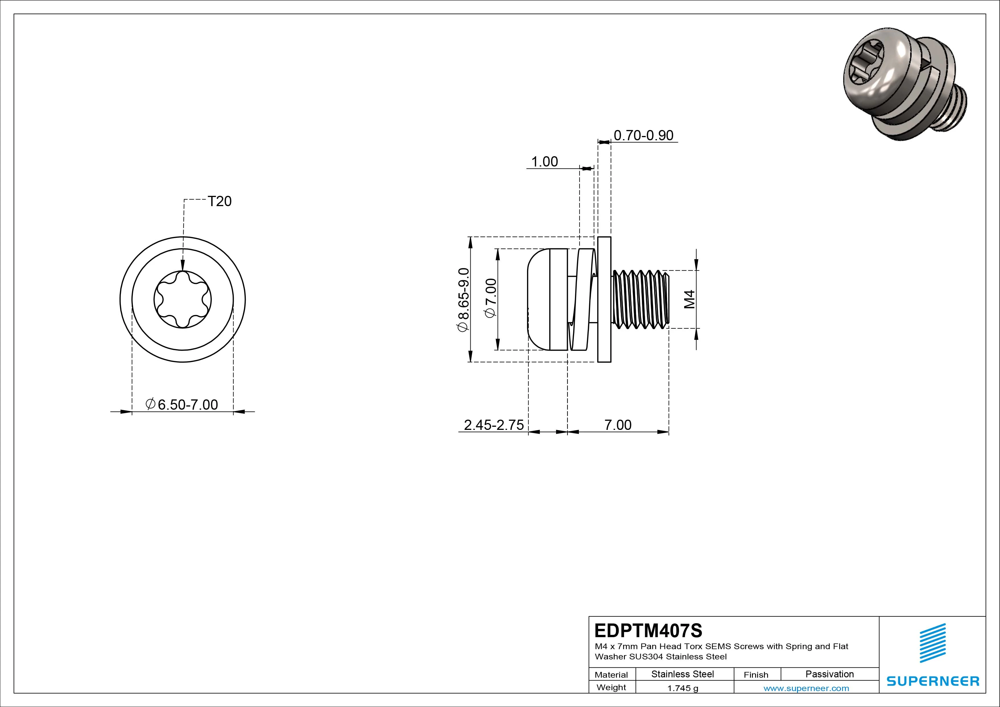 M4 x 7mm Pan Head Torx SEMS Screws with Spring and Flat Washer SUS304 Stainless Steel Inox
