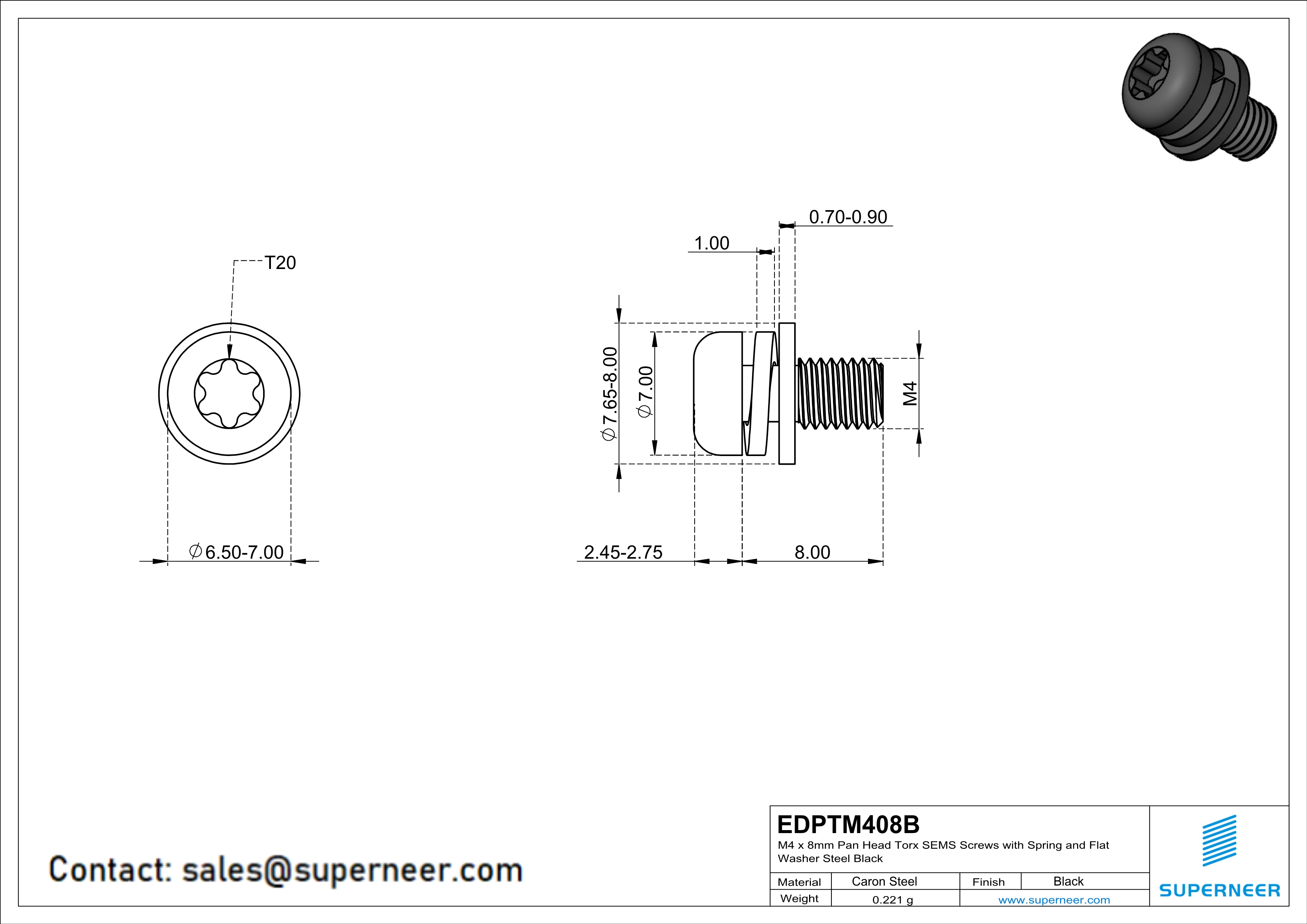 M4 x 8mm Pan Head Torx SEMS Screws with Spring and Flat Washer Steel Black