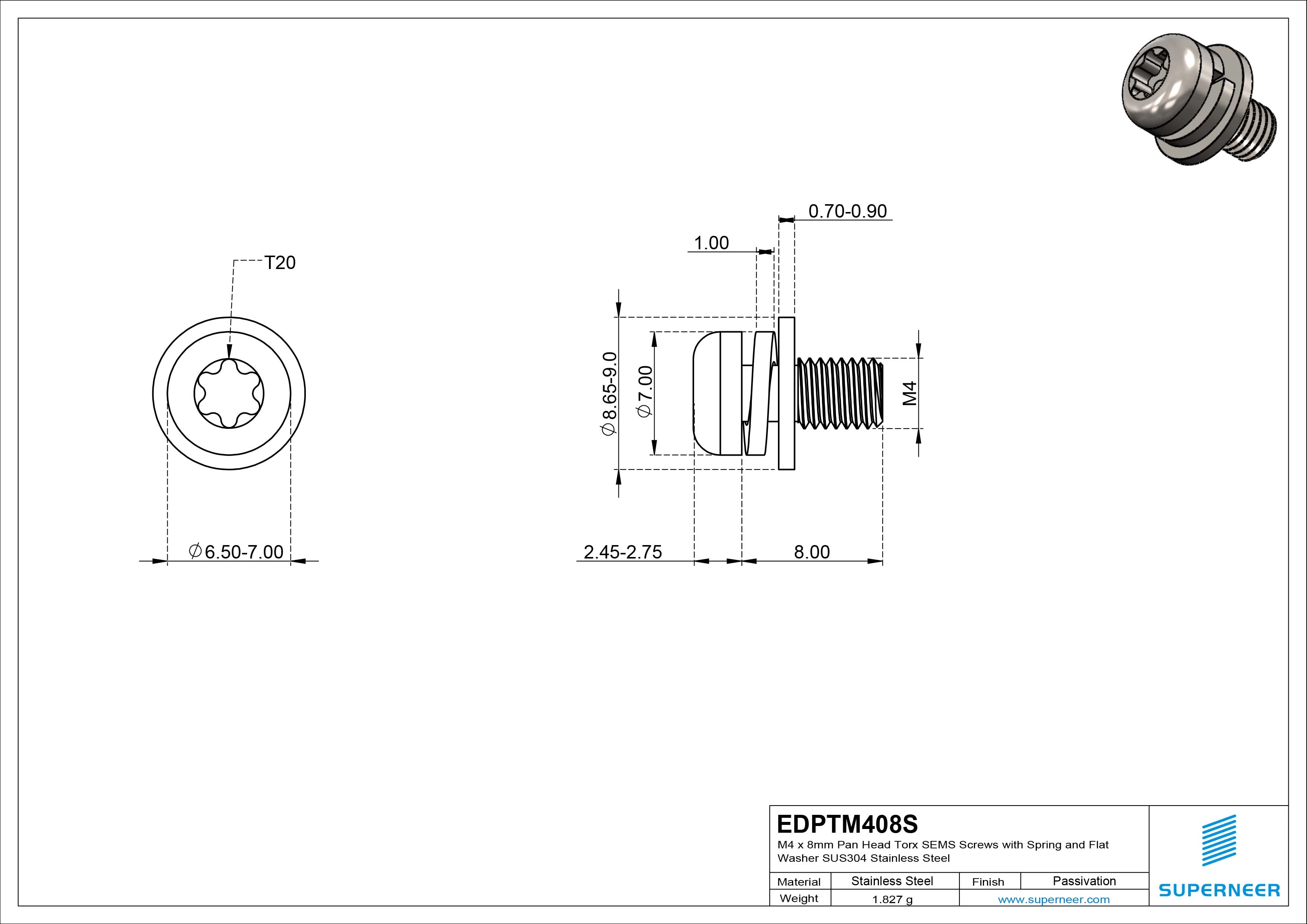 M4 x 8mm Pan Head Torx SEMS Screws with Spring and Flat Washer SUS304 Stainless Steel Inox