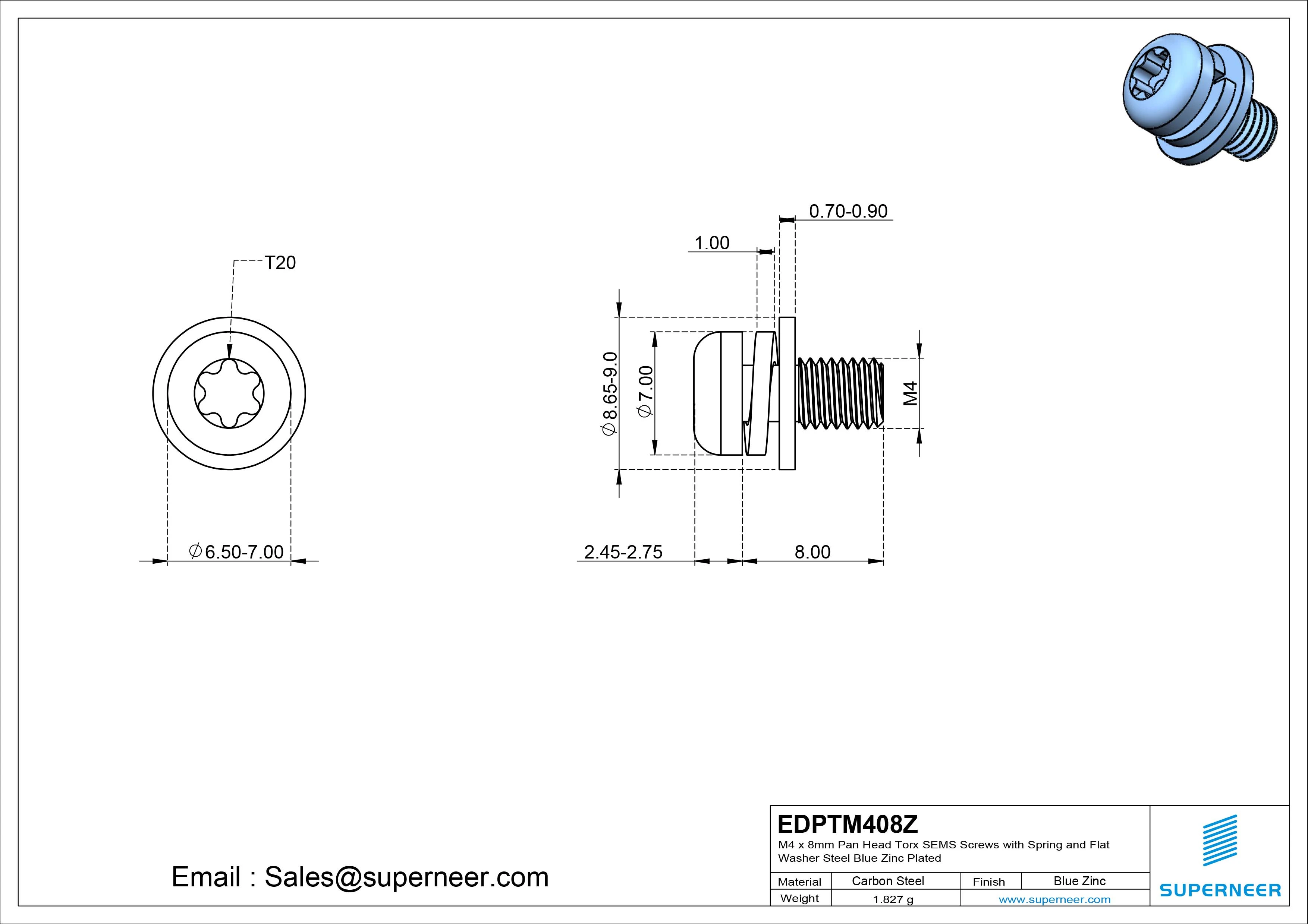 M4 x 8mm Pan Head Torx SEMS Screws with Spring and Flat Washer Steel Blue Zinc Plated