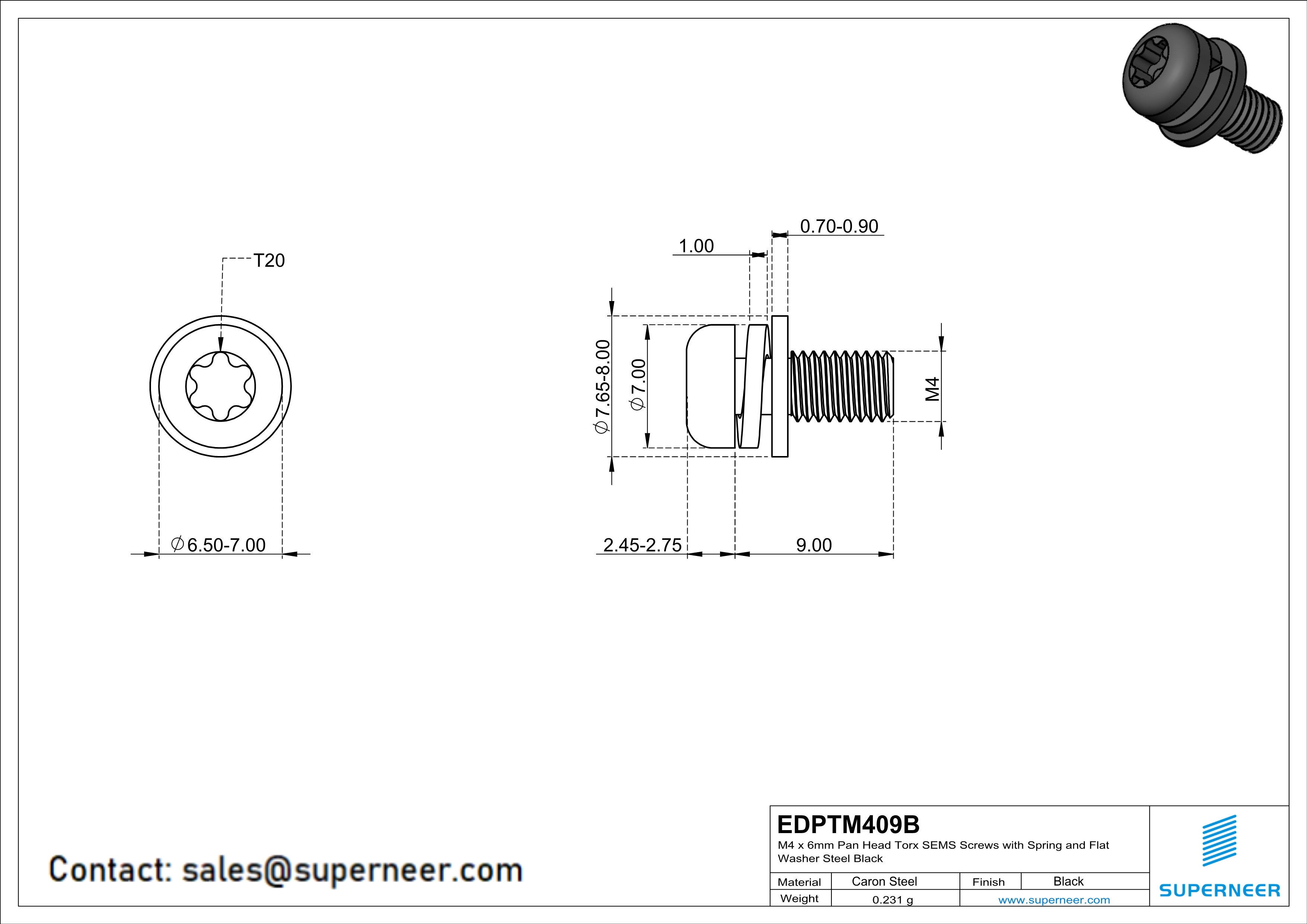 M4 x 9mm Pan Head Torx SEMS Screws with Spring and Flat Washer Steel Black