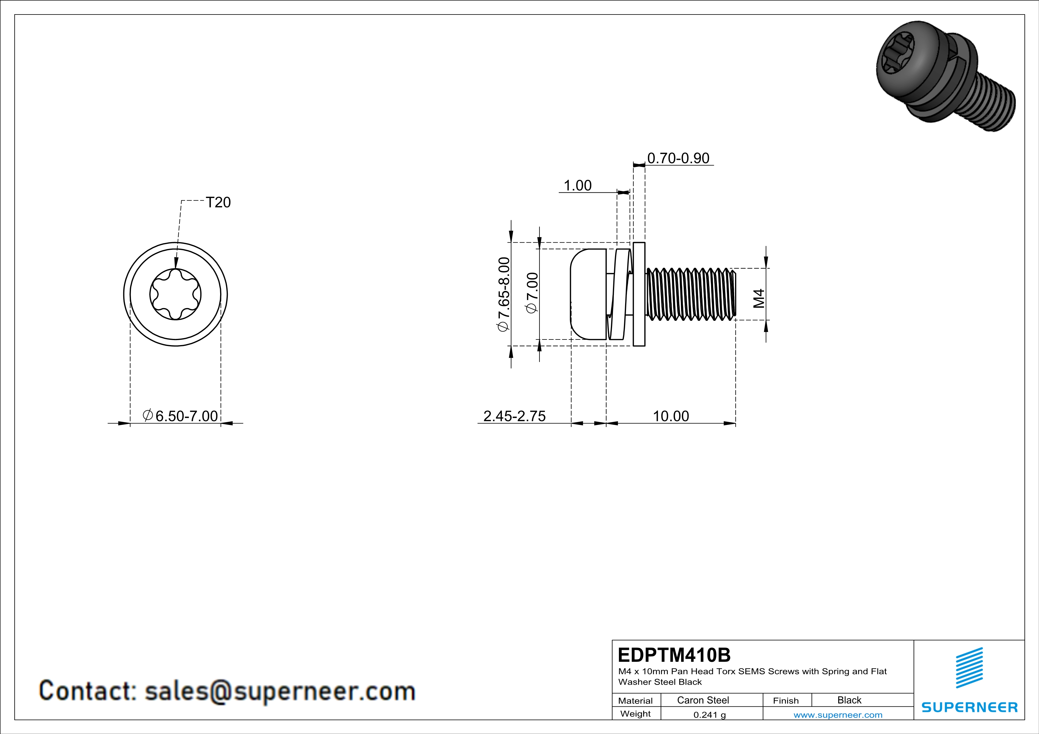 M4 x 10mm Pan Head Torx SEMS Screws with Spring and Flat Washer Steel Black