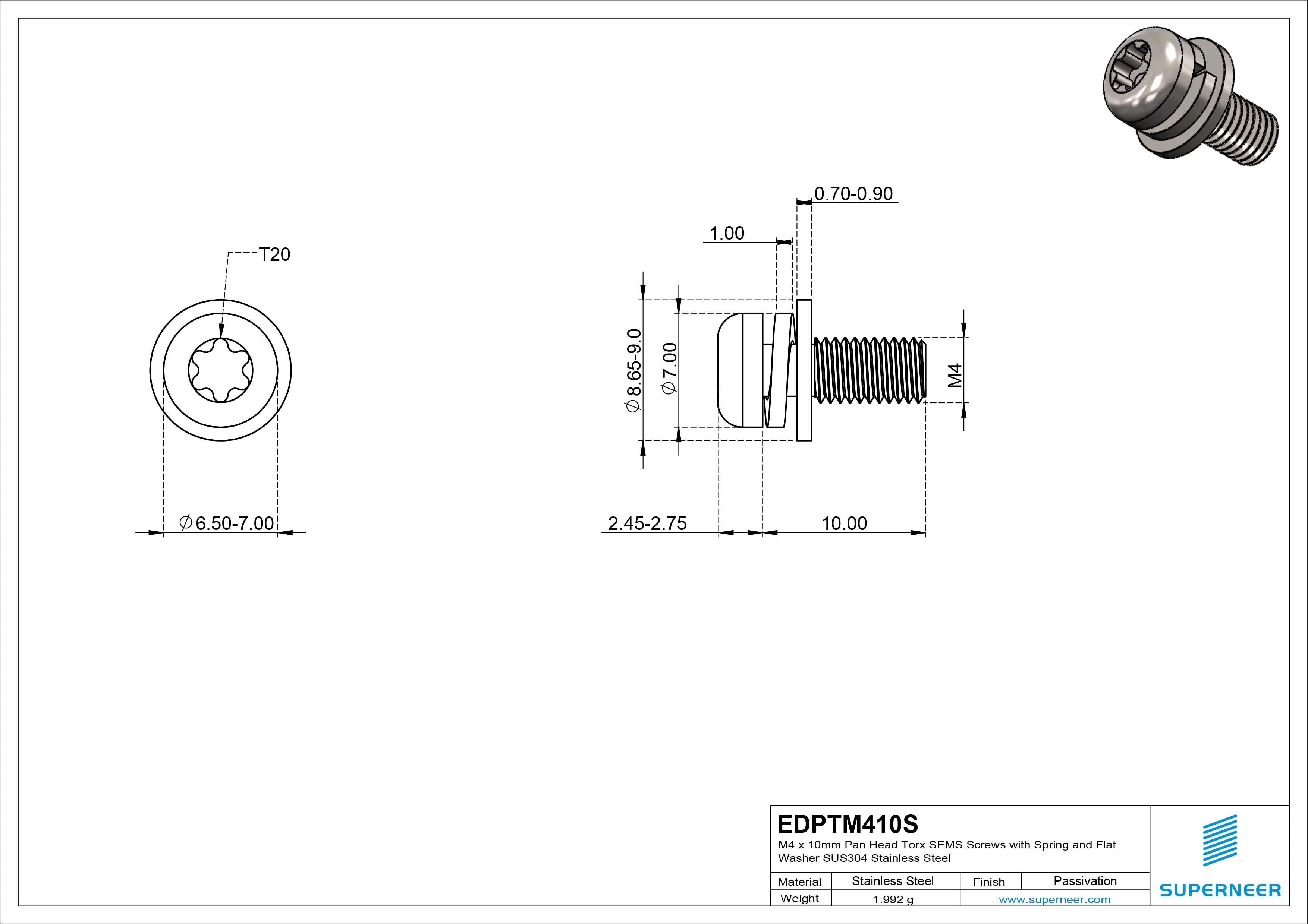M4 x 10mm Pan Head Torx SEMS Screws with Spring and Flat Washer SUS304 Stainless Steel Inox