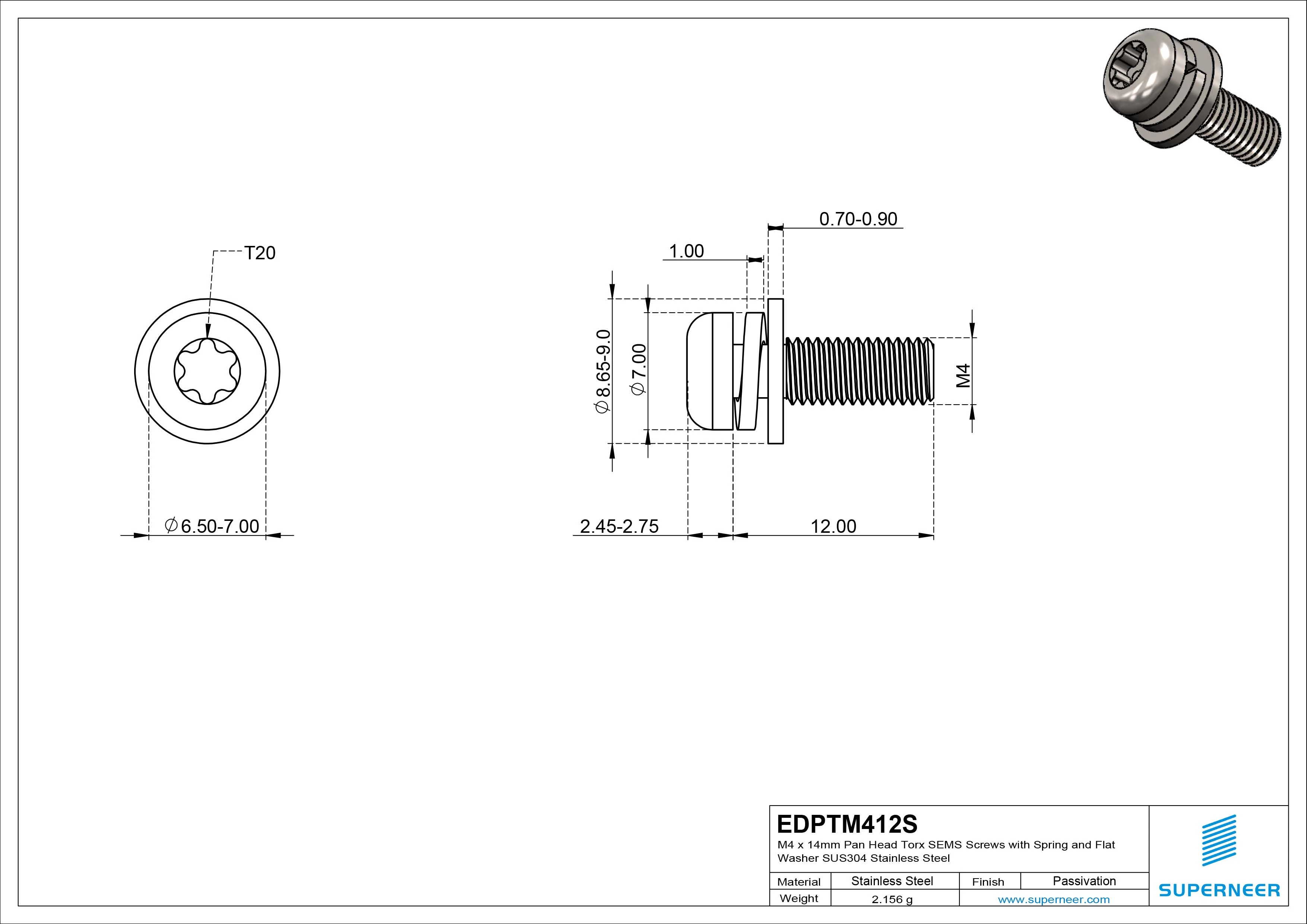 M4 x 12mm Pan Head Torx SEMS Screws with Spring and Flat Washer SUS304 Stainless Steel Inox