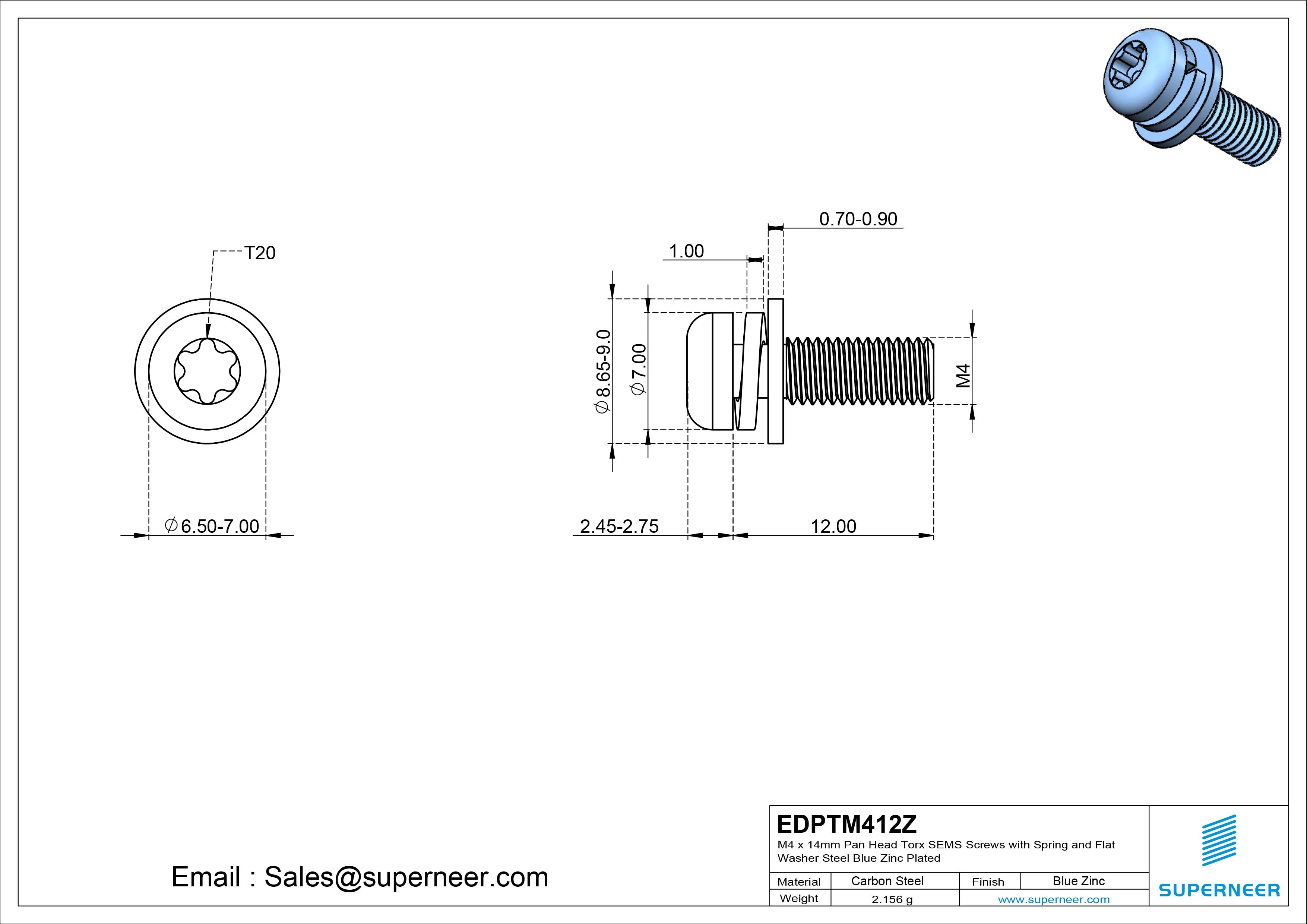 M4 x 12mm Pan Head Torx SEMS Screws with Spring and Flat Washer Steel Blue Zinc Plated