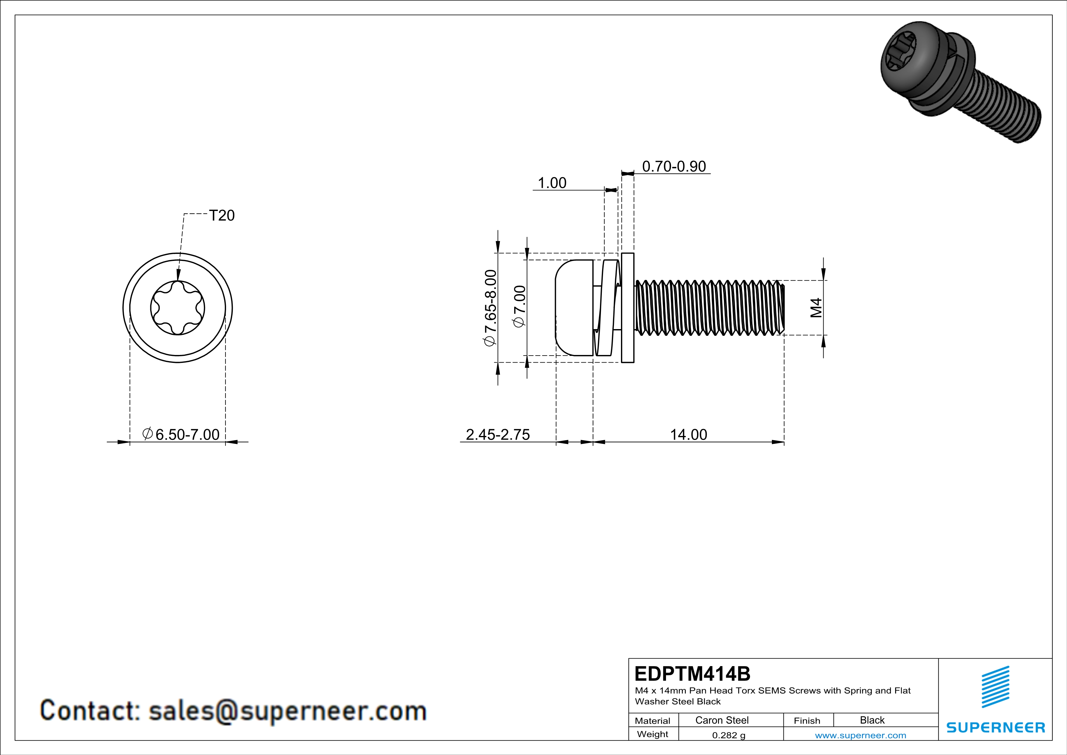 M4 x 14mm Pan Head Torx SEMS Screws with Spring and Flat Washer Steel Black