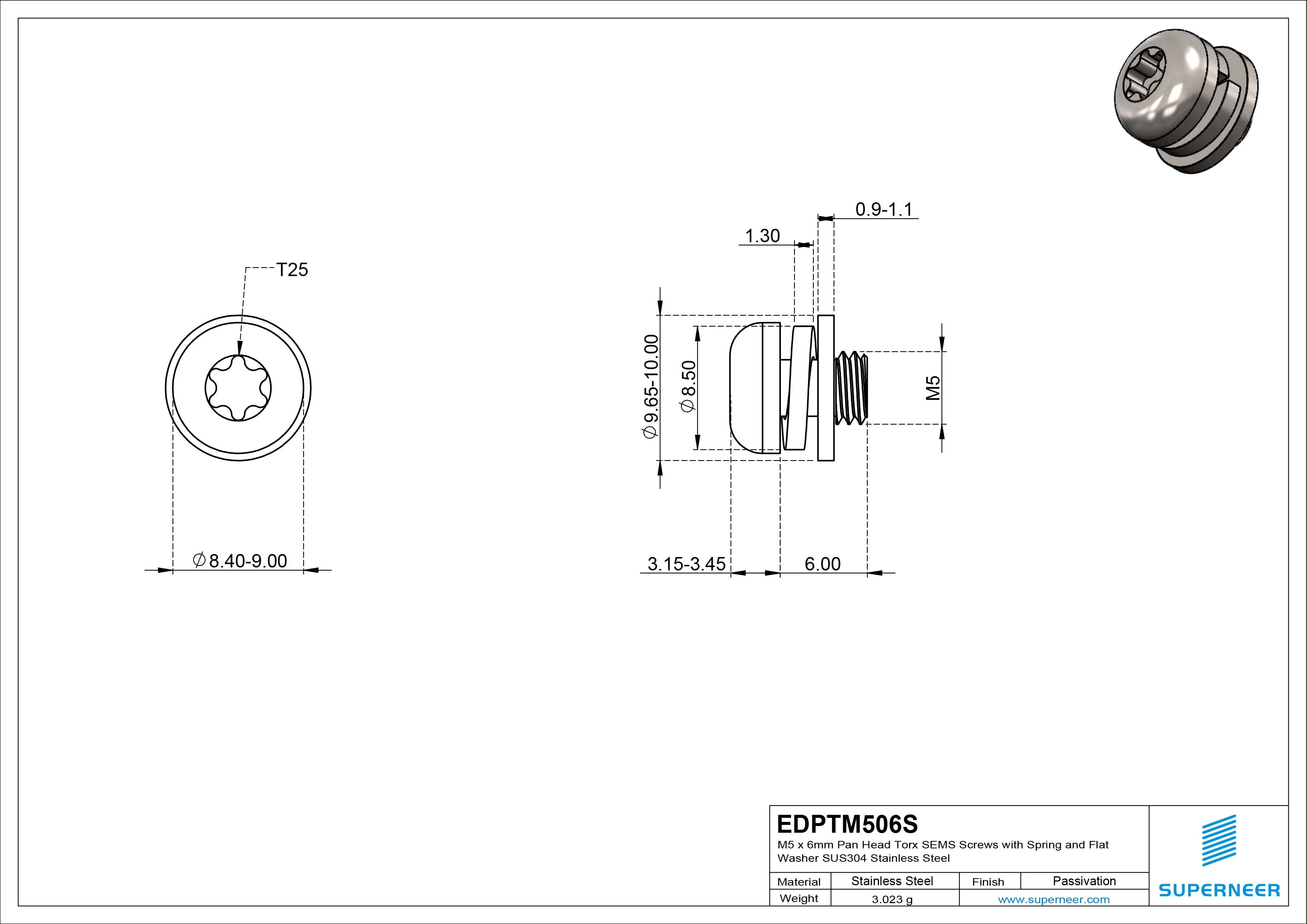 M5 x 6mm Pan Head Torx SEMS Screws with Spring and Flat Washer SUS304 Stainless Steel Inox