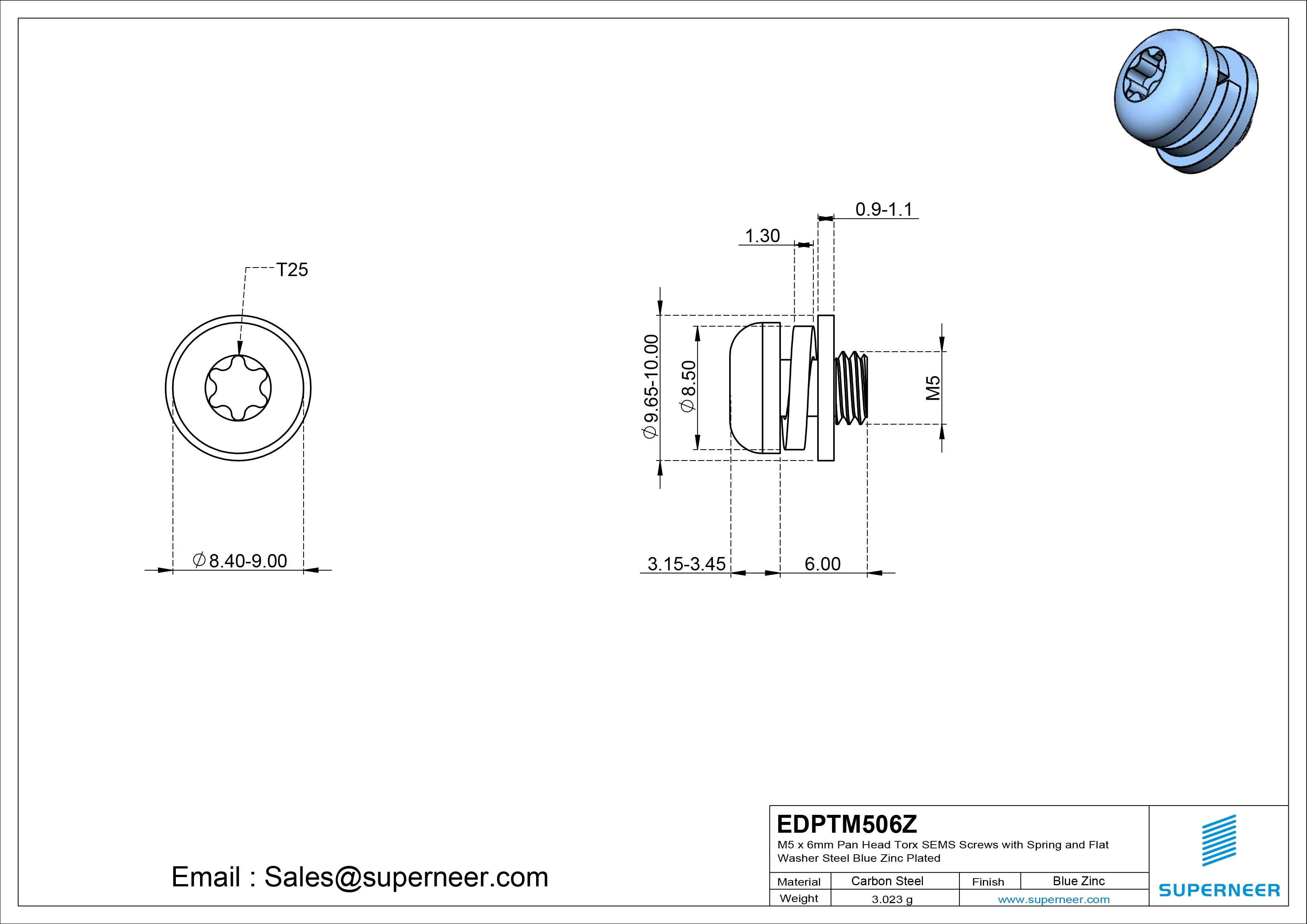 M5 x 6mm Pan Head Torx SEMS Screws with Spring and Flat Washer Steel Blue Zinc Plated