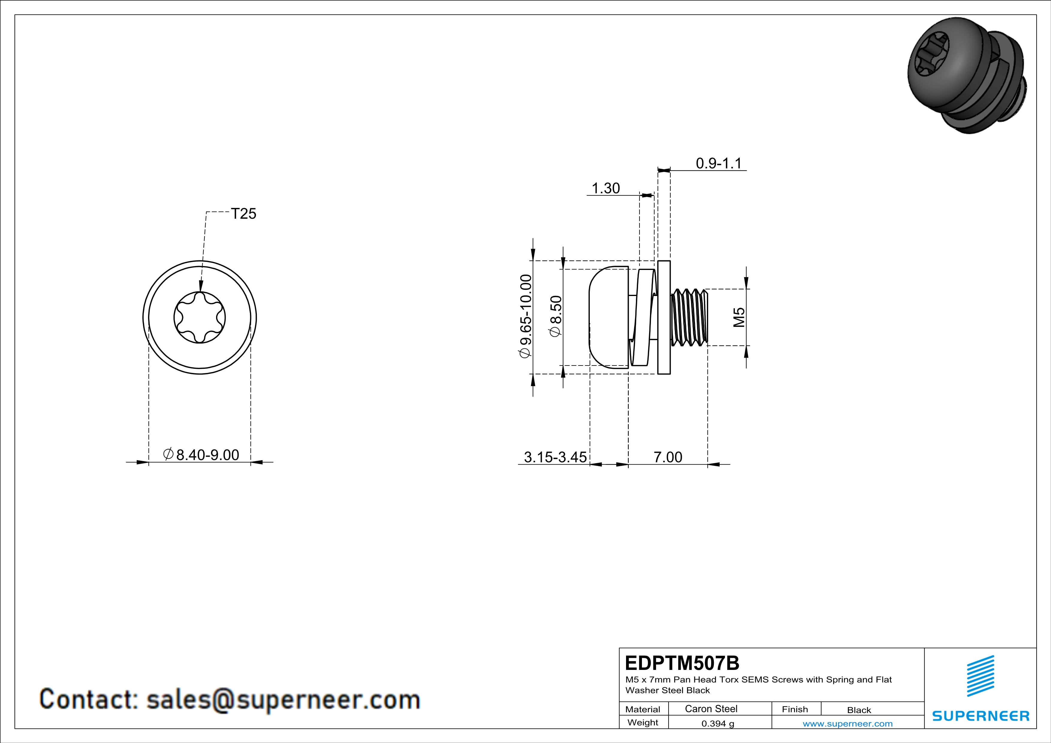 M5 x 7mm Pan Head Torx SEMS Screws with Spring and Flat Washer Steel Black